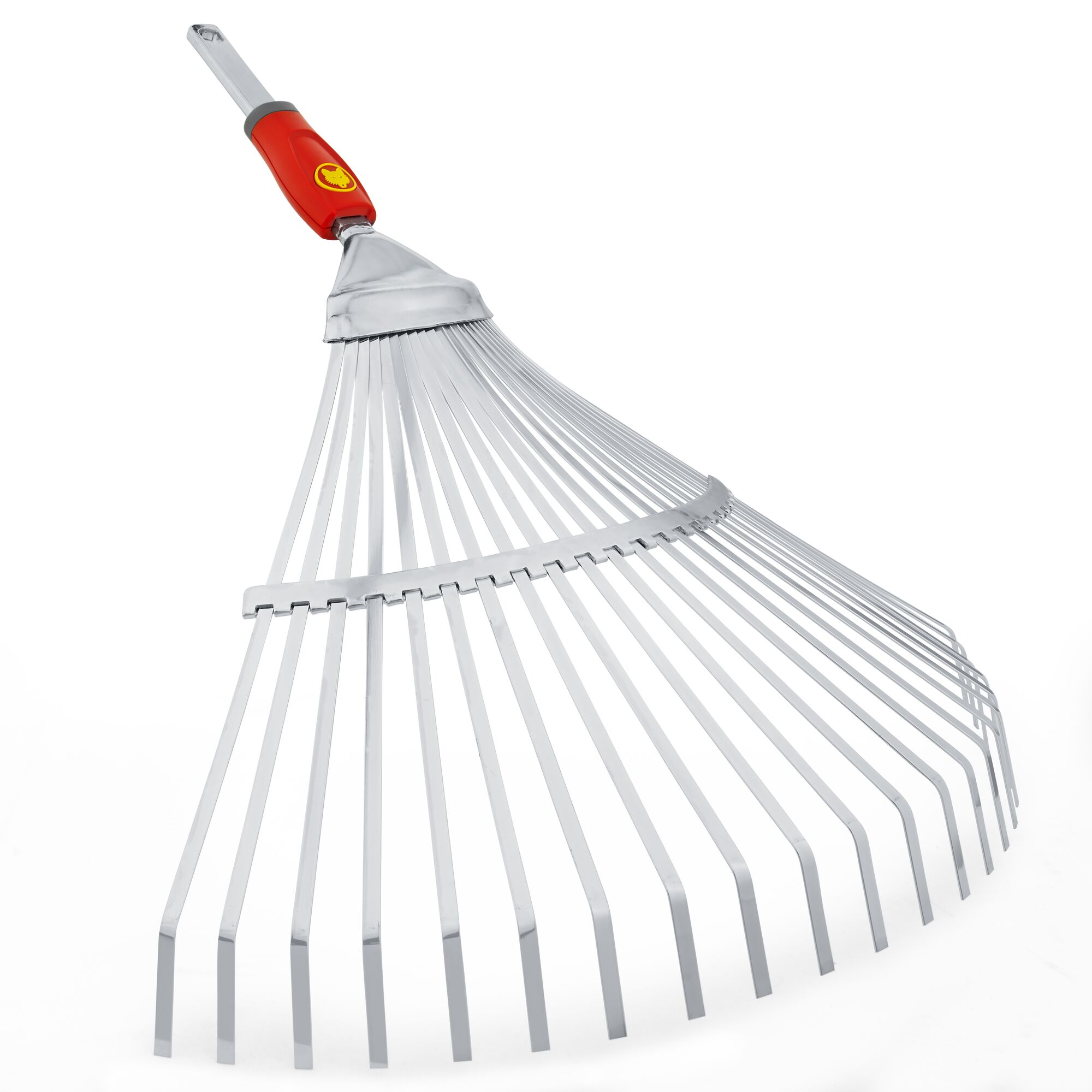A metal garden rake with a red and yellow handle attachment, featuring wide, flexible tines for collecting leaves and garden debris, shown against a white background.