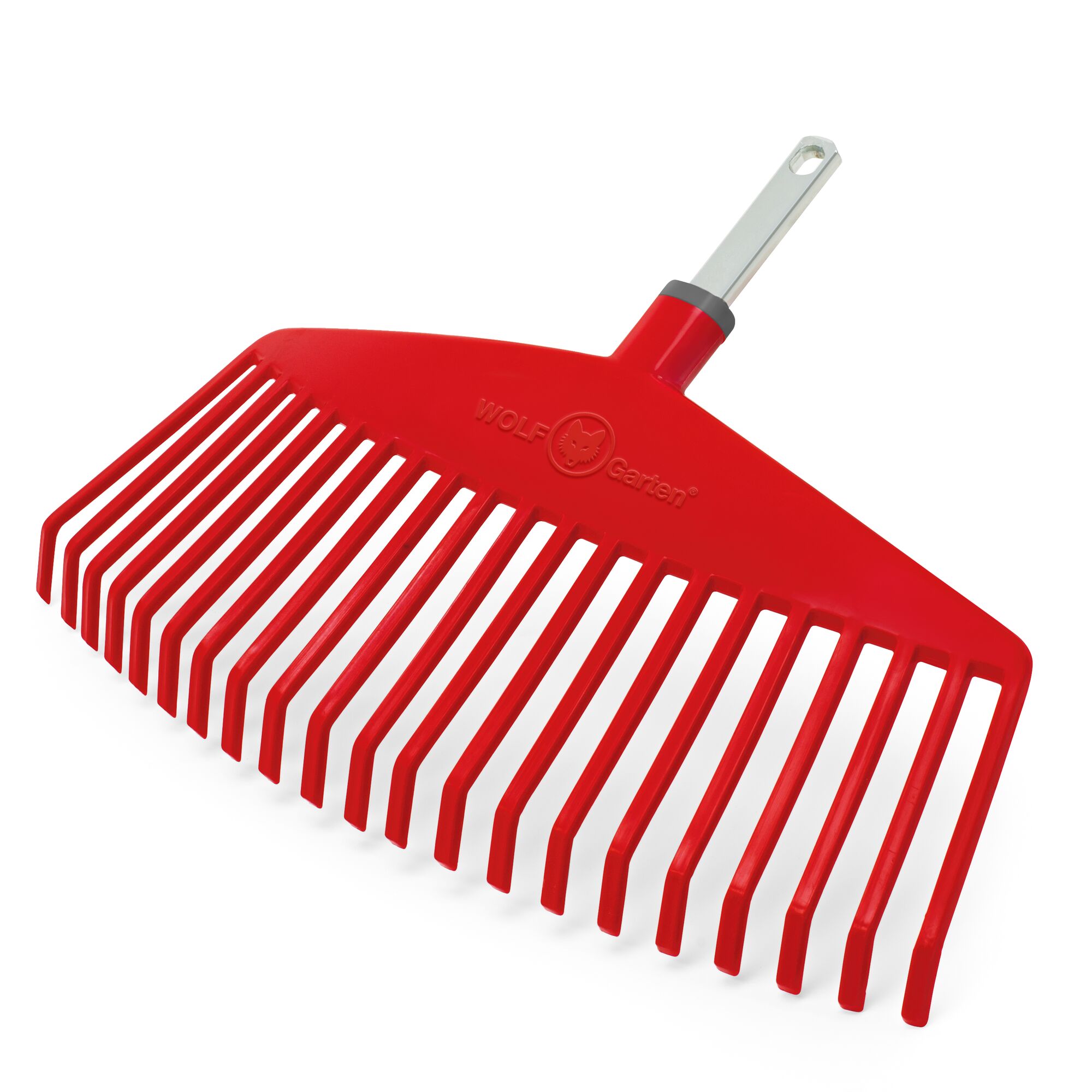 A red plastic leaf rake head with wide tines and a metal attachment connector, branded with WOLFGarten.