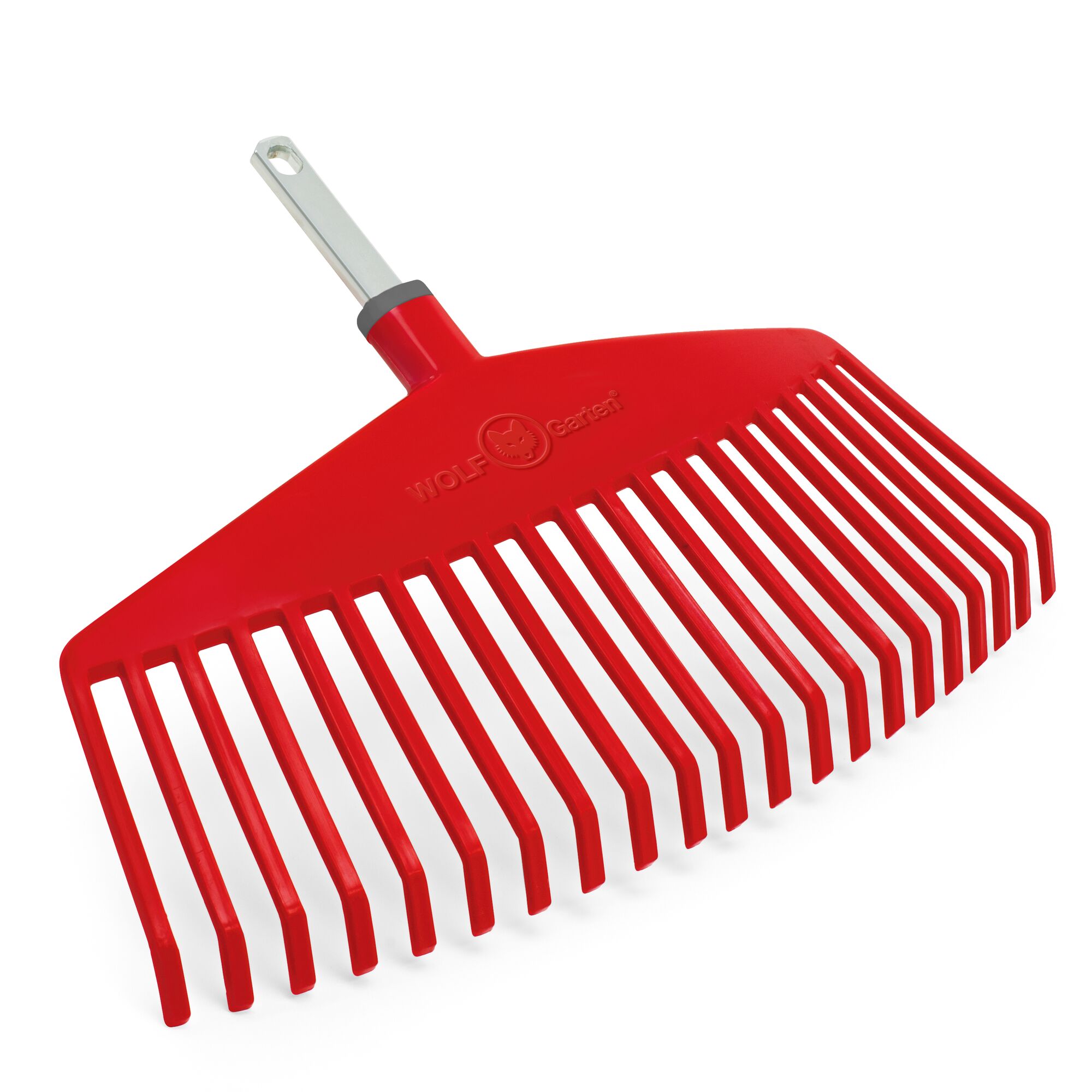 A bright red plastic leaf rake from WOLFGarten with wide, flat tines and a grey metallic handle attachment.