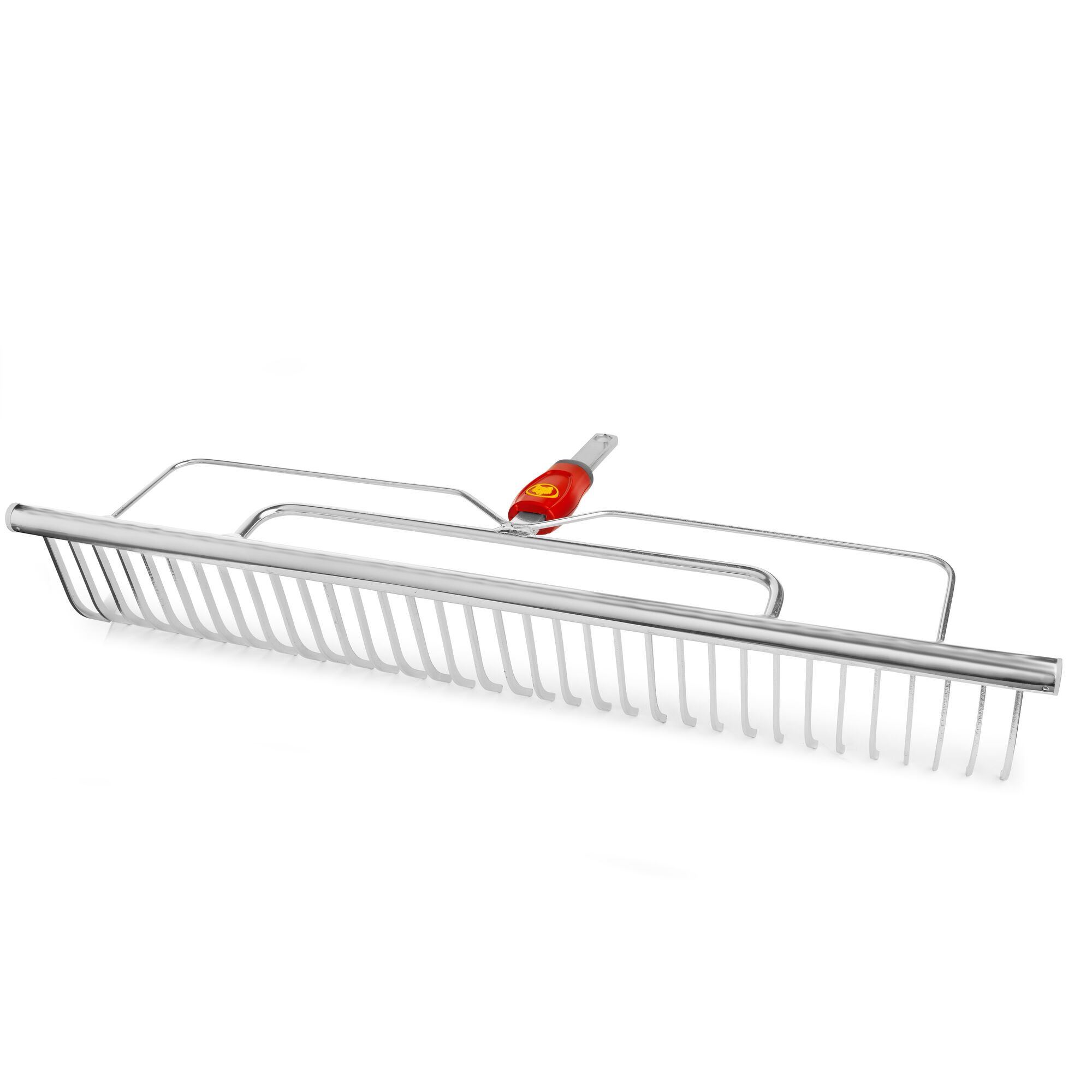 Wide metal garden rake with silver tines and a red-and-yellow connector, designed for lawn and garden use.