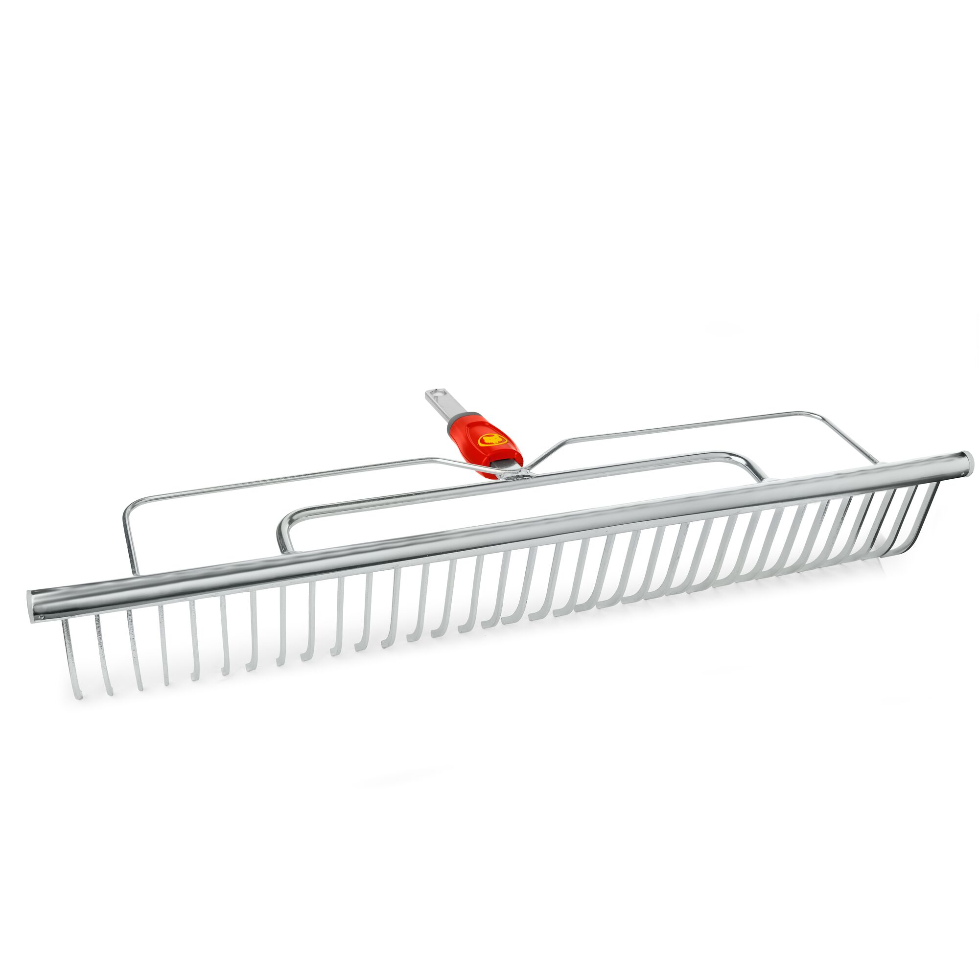 A metal garden rake with a wide head, several closely spaced tines, and a red and yellow connector for attaching a handle. The rake is designed for leveling soil and spreading materials.