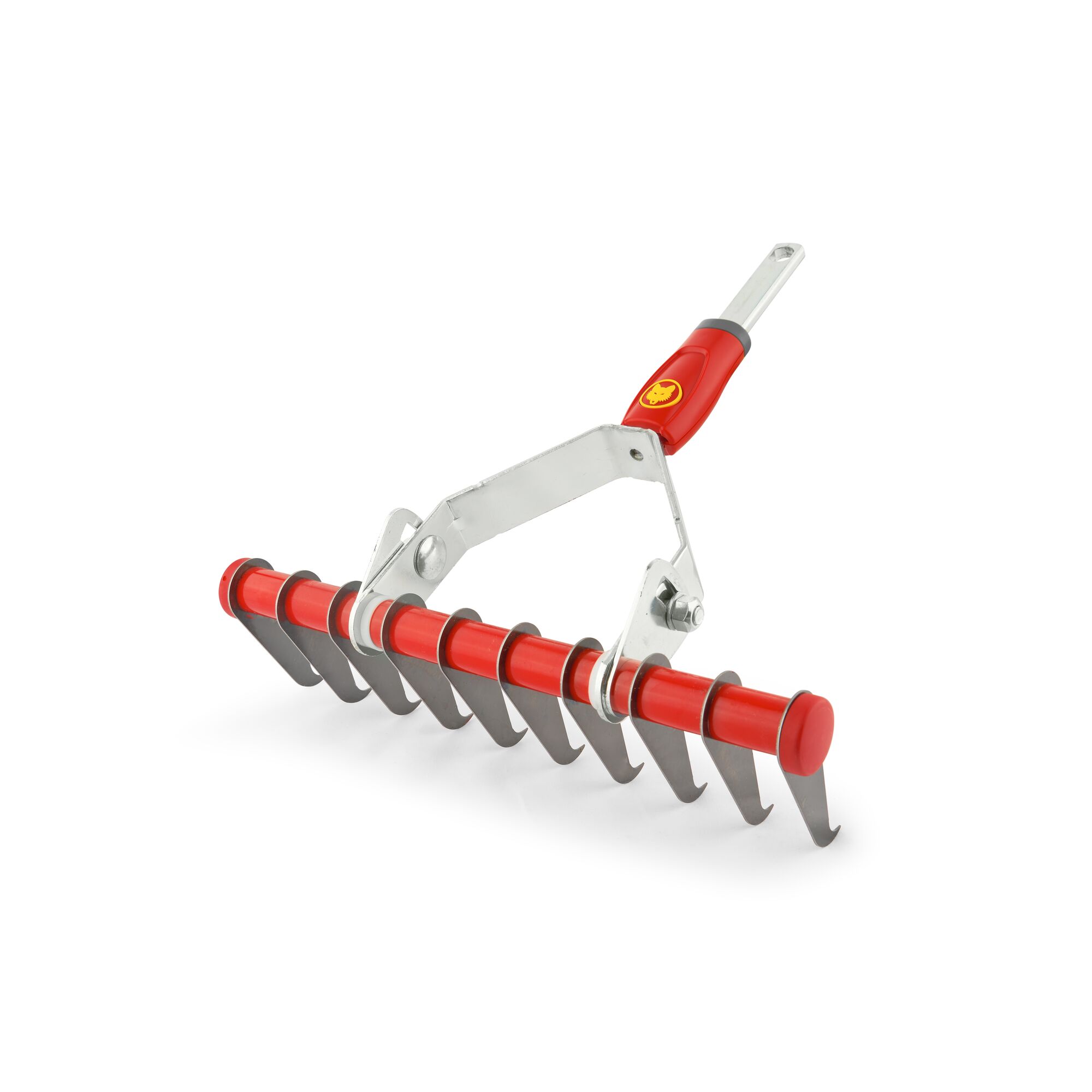 A red and silver garden tool with metal blades, designed for soil cultivation, shown against a white background.