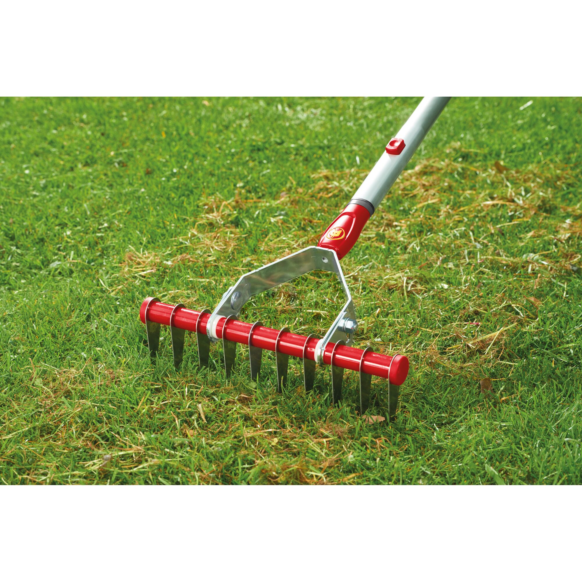 A close-up view of a WOLFGarten gardening tool with metal tines being used to rake grass, showing its sturdy handle and red metal accents.