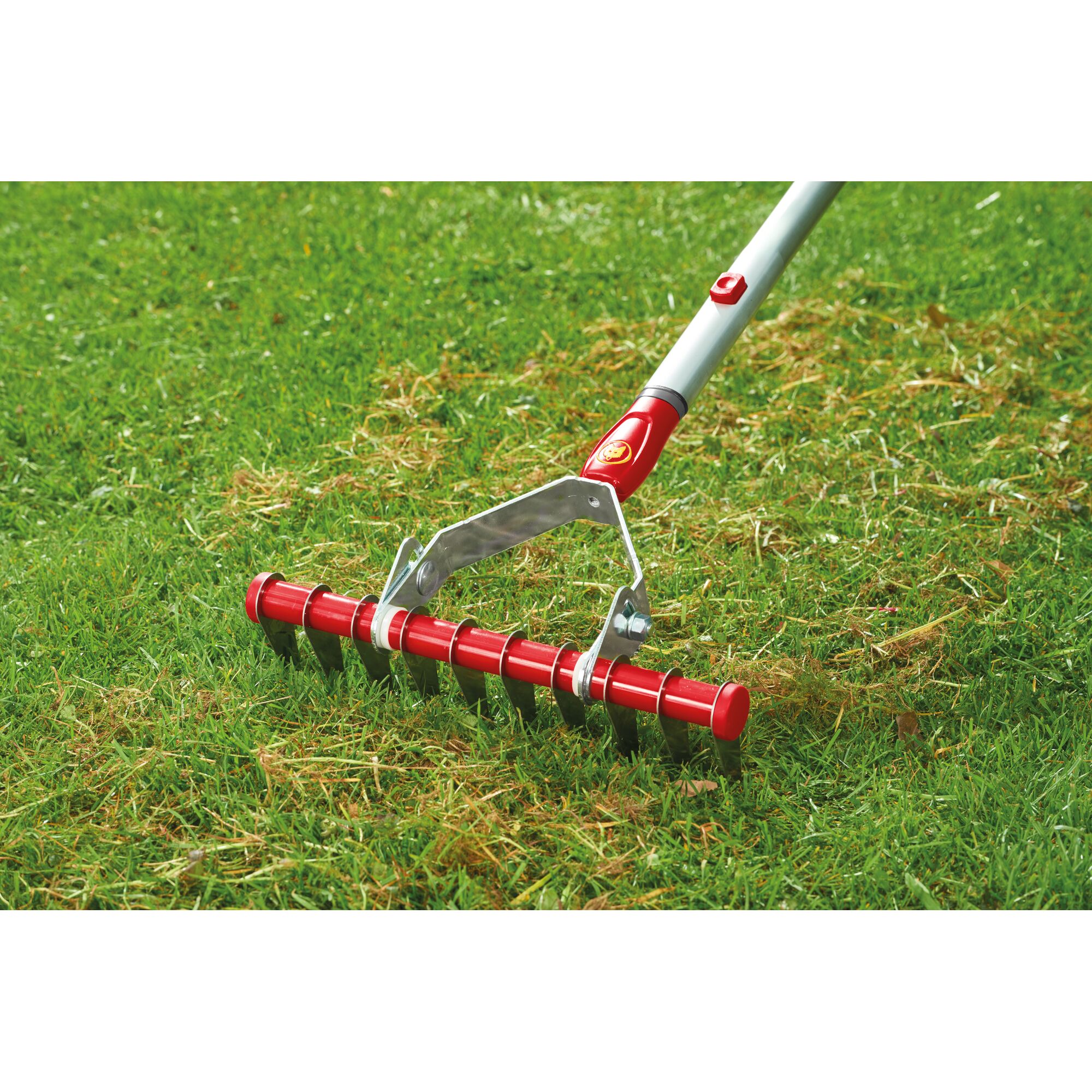 A red and silver lawn dethatcher tool from WOLFGarten being used on green grass to remove thatch.