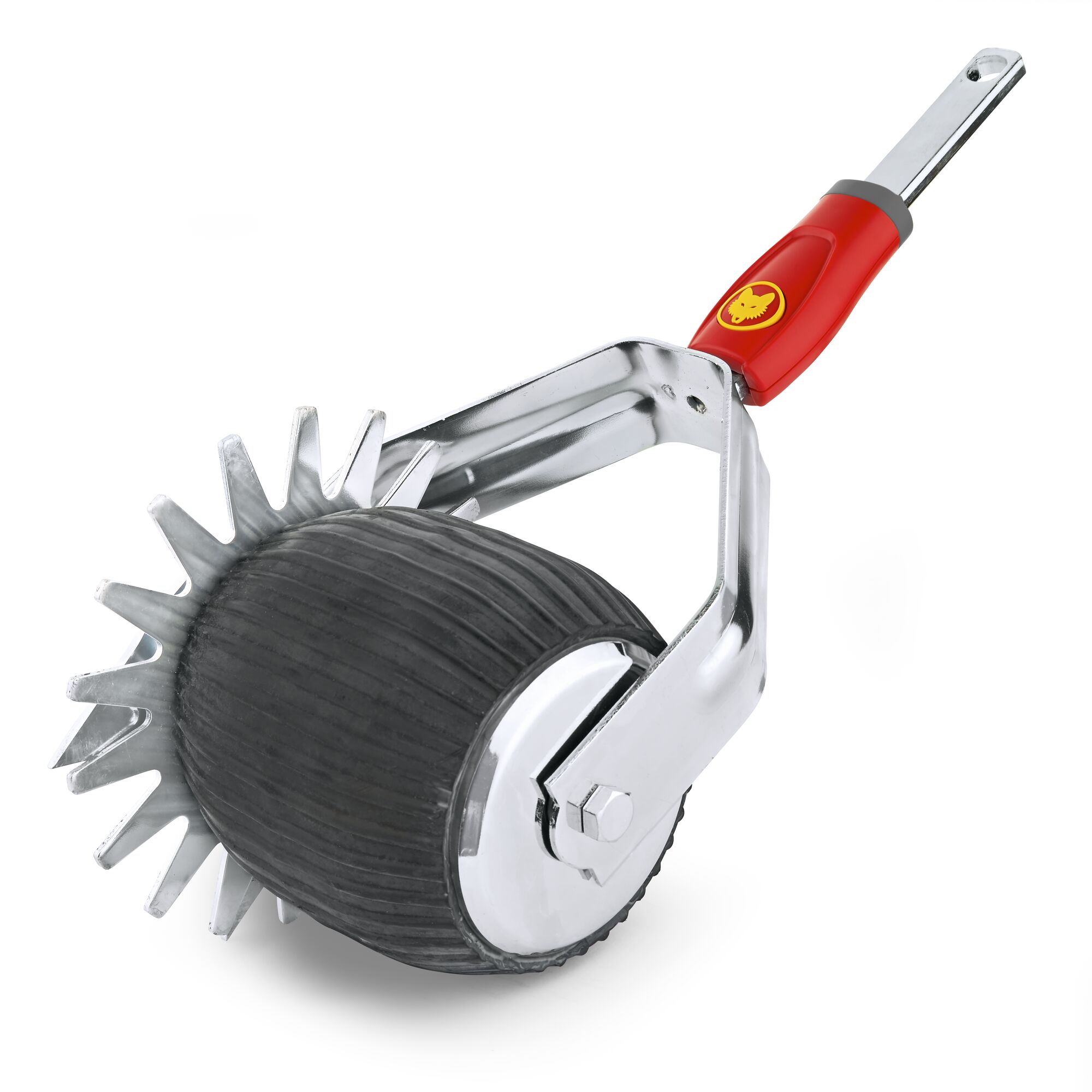 A close-up of a WOLFGarten garden tool with a red handle and a spiked roller, designed for lawn care or soil preparation.
