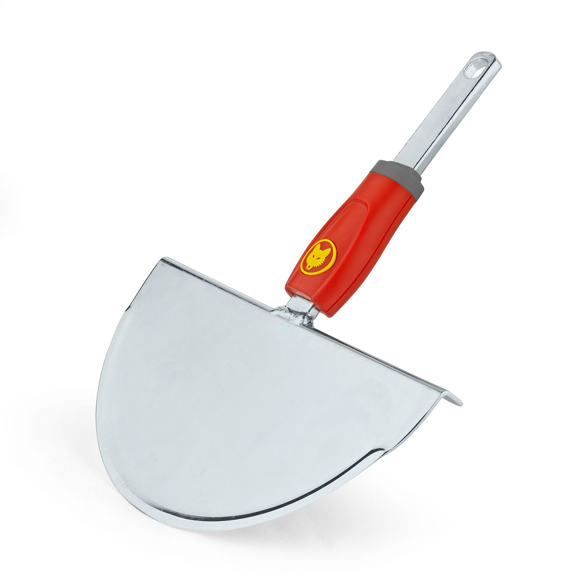 A metal garden edging tool with a red and grey handle, displaying a yellow logo. The tool has a flat, semi-circular blade designed for cutting and maintaining lawn edges.