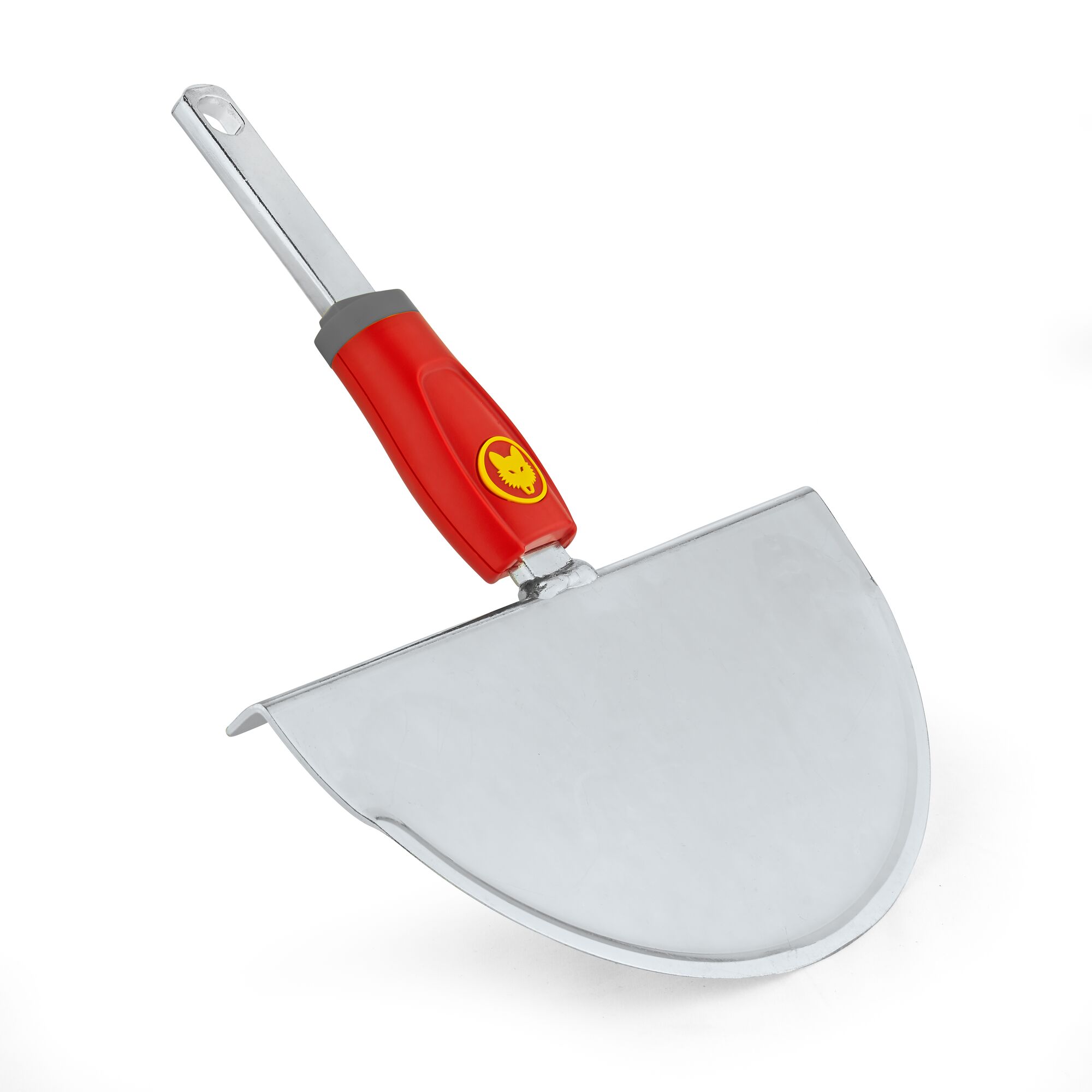 A garden edging tool with a red and yellow handle, featuring a wide, flat, metal blade designed for creating clean edges along garden beds.