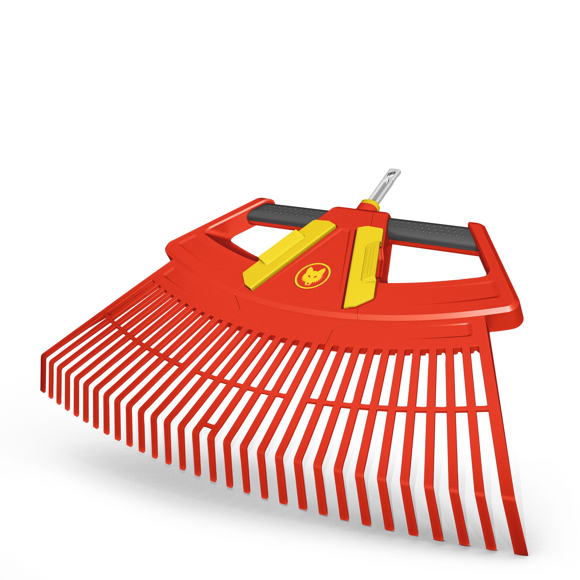 A red and yellow plastic leaf rake with wide, curved tines, designed for garden use. The rake features an ergonomic handle and a bold logo on the central part.