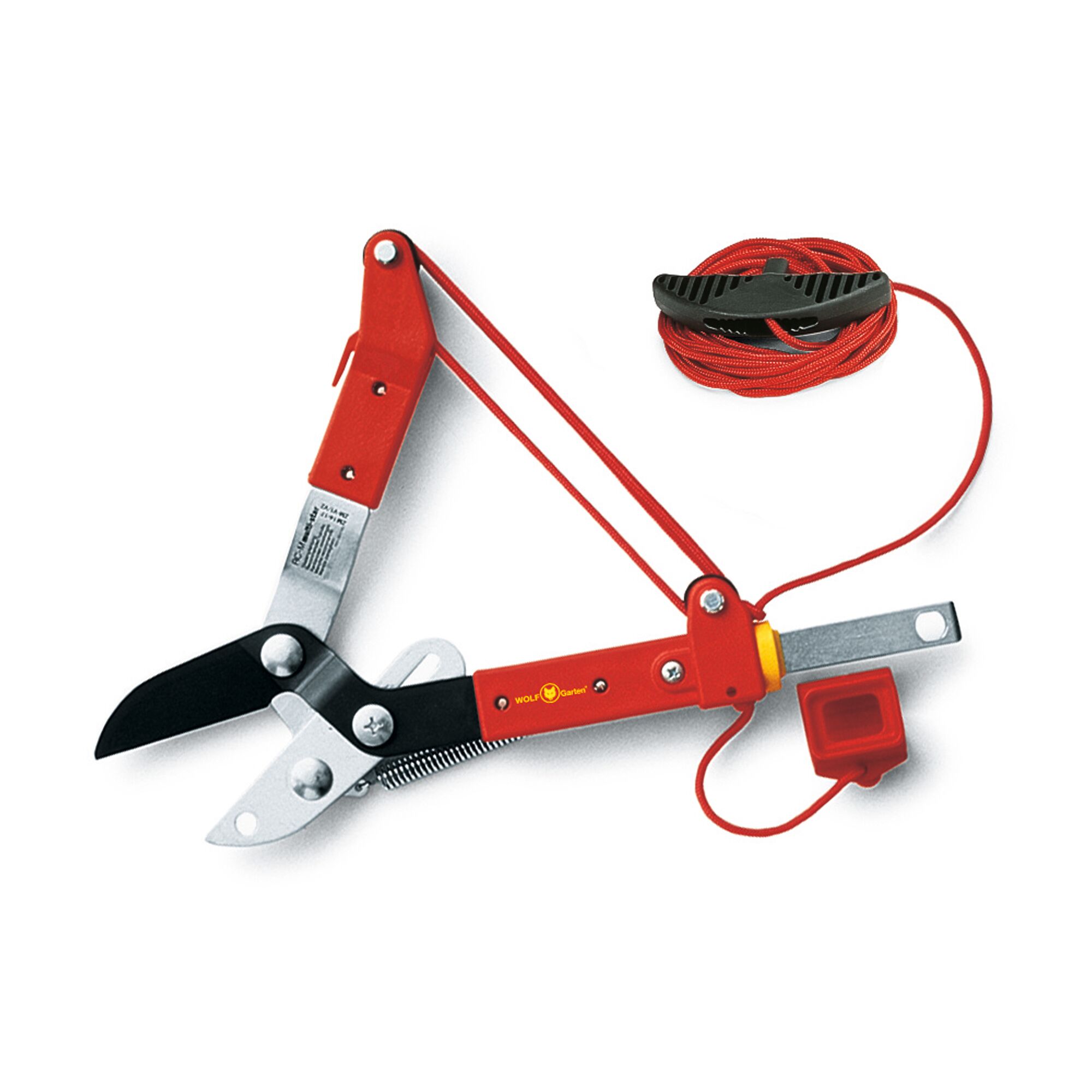 A WOLFGarten tree pruner with a red handle and black blade, featuring a pulley system and a long red cord with a handle, used for trimming branches.