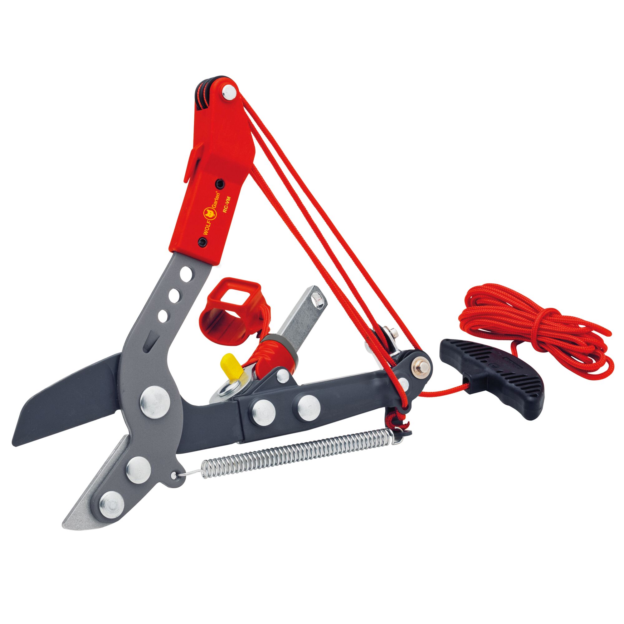 WOLFGarten tree pruner with a red and black design, featuring a bypass cutting mechanism, a spring, and a pull cord with a handle for operation.