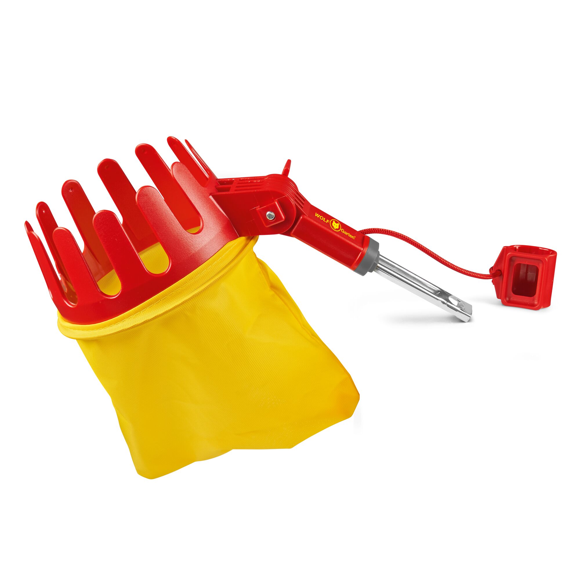 A red and yellow fruit picker tool from WOLFGarten with a claw-like head and a yellow fabric bag attached, designed for picking fruit from trees.