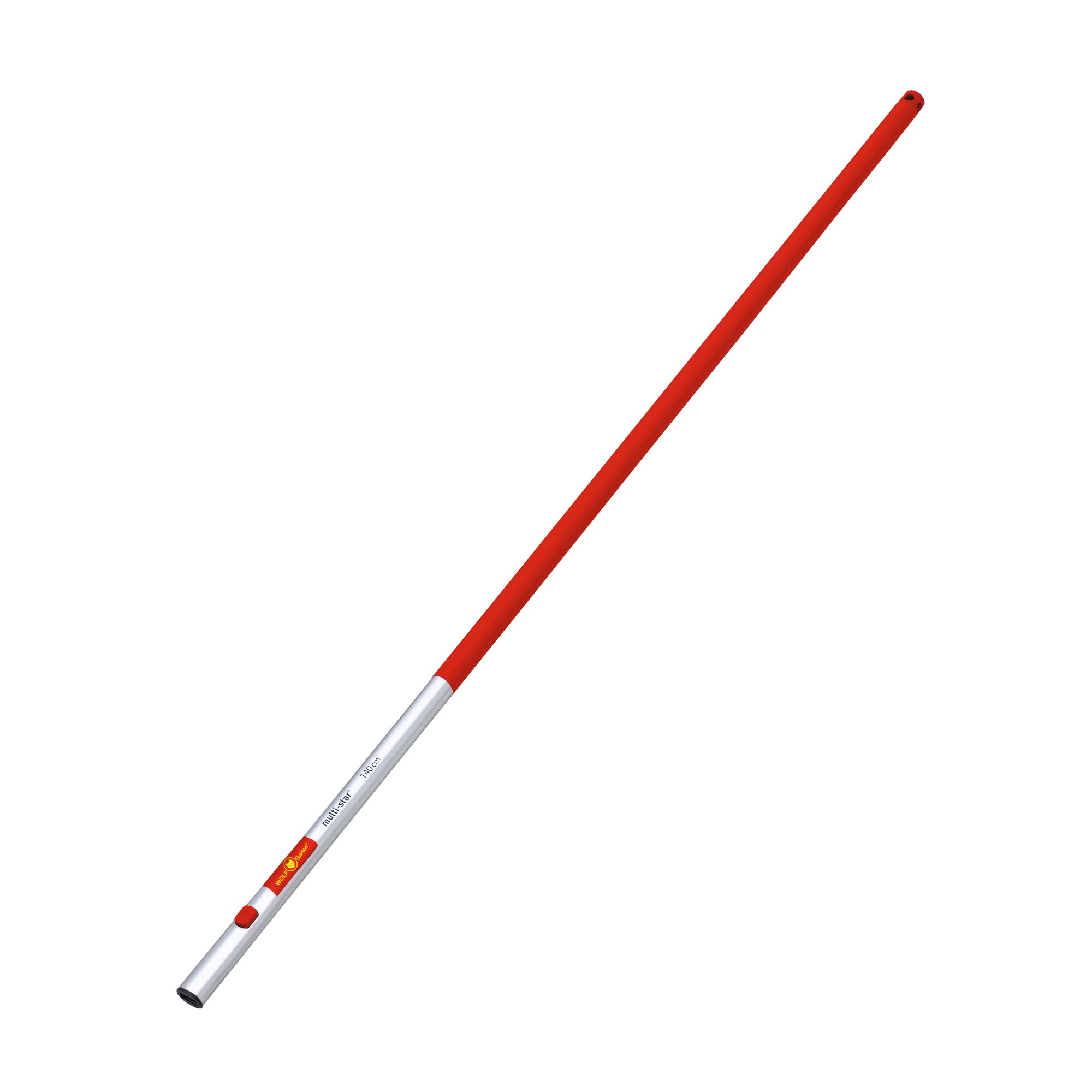 A red and silver telescopic handle for garden tools, featuring a connection system for attachments.