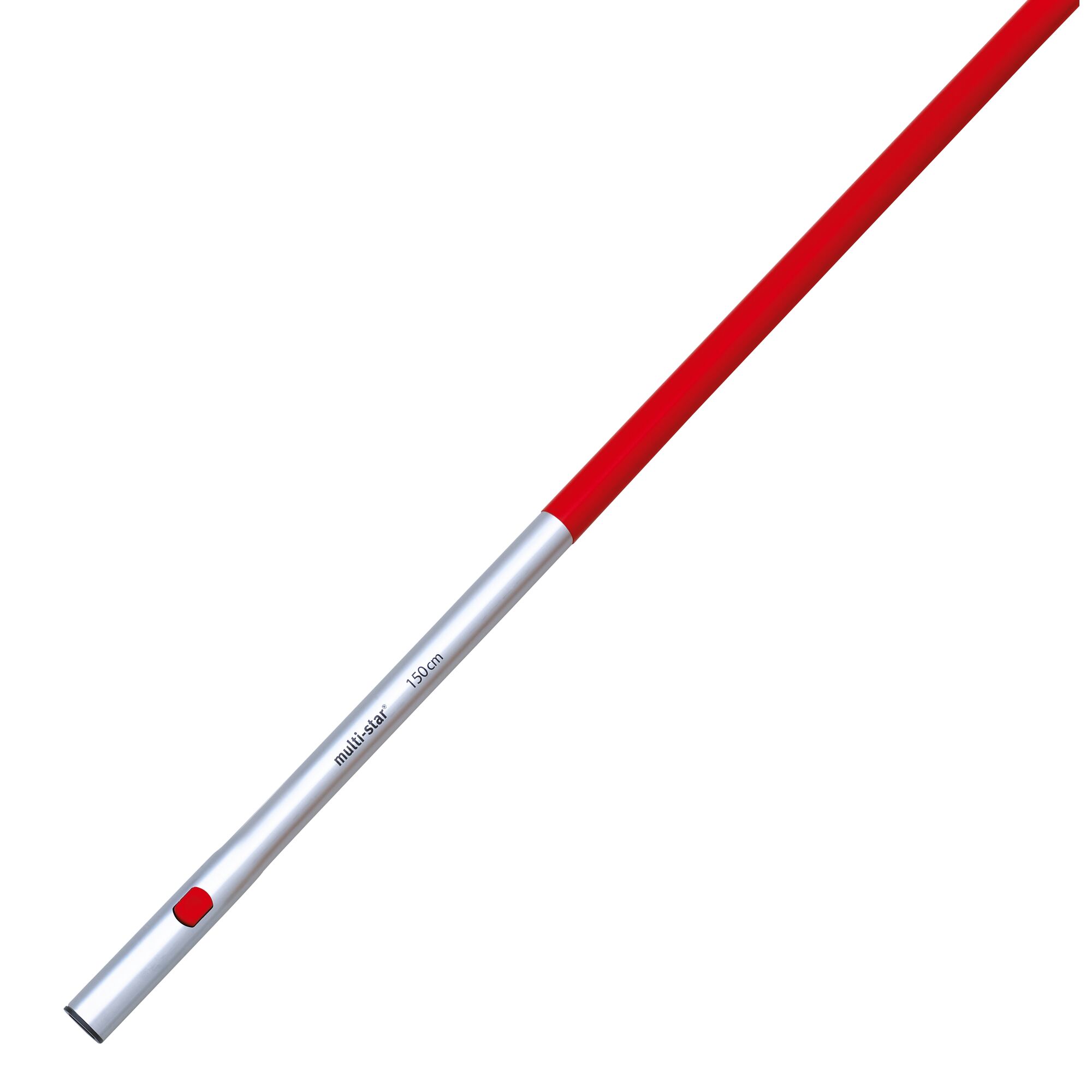 A long red and silver handle, likely for gardening tools, with a visible locking mechanism and the words 'multi-star 150cm' printed on it.