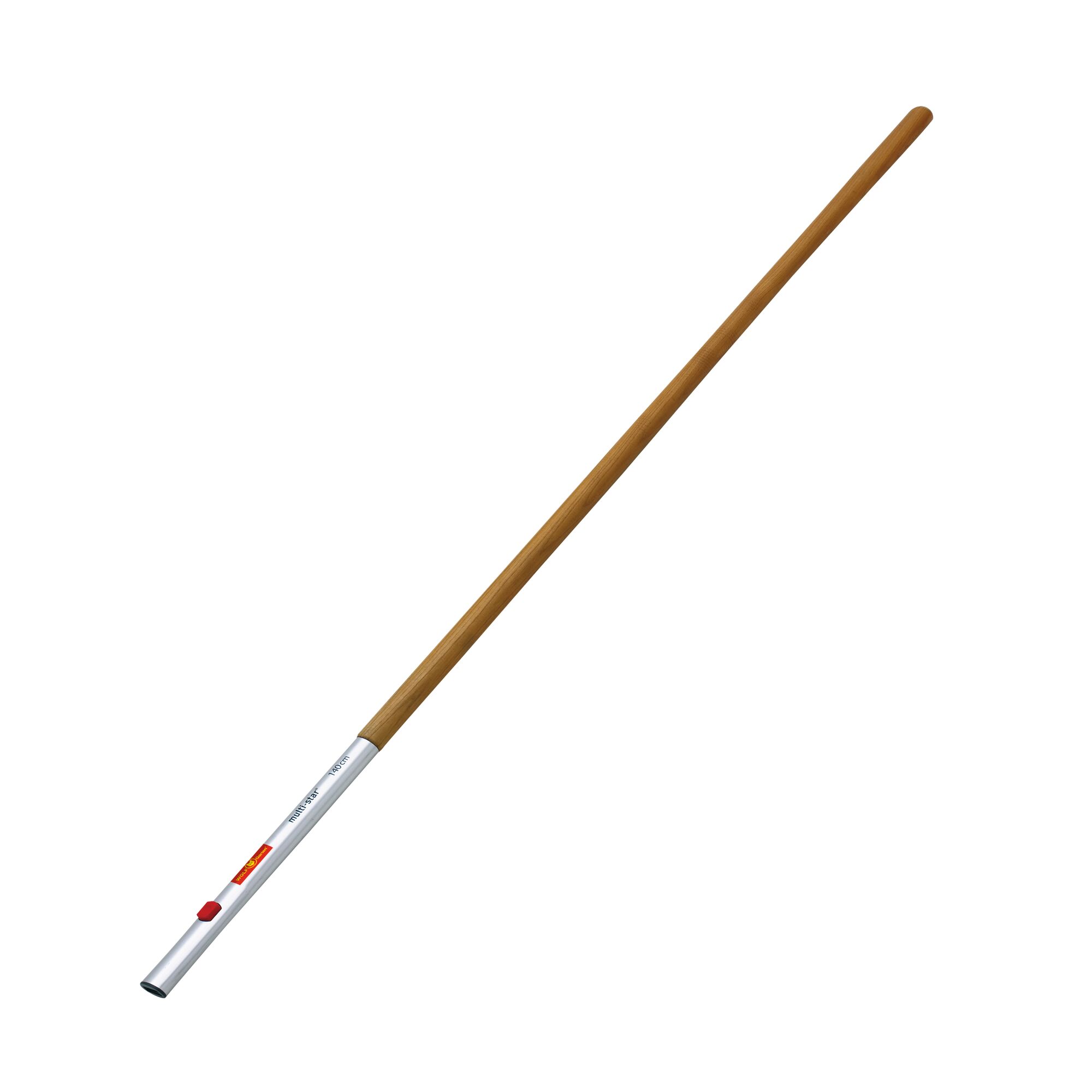 A long wooden handle with a metal connector at one end, suitable for attaching gardening tools. The handle is straight and has a smooth finish.