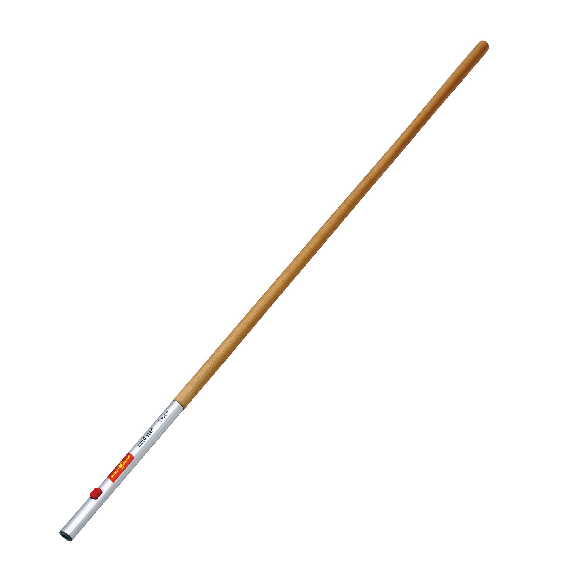 A wooden gardening tool handle from WOLFGarten, featuring a metal connector at one end for attaching compatible tool heads.