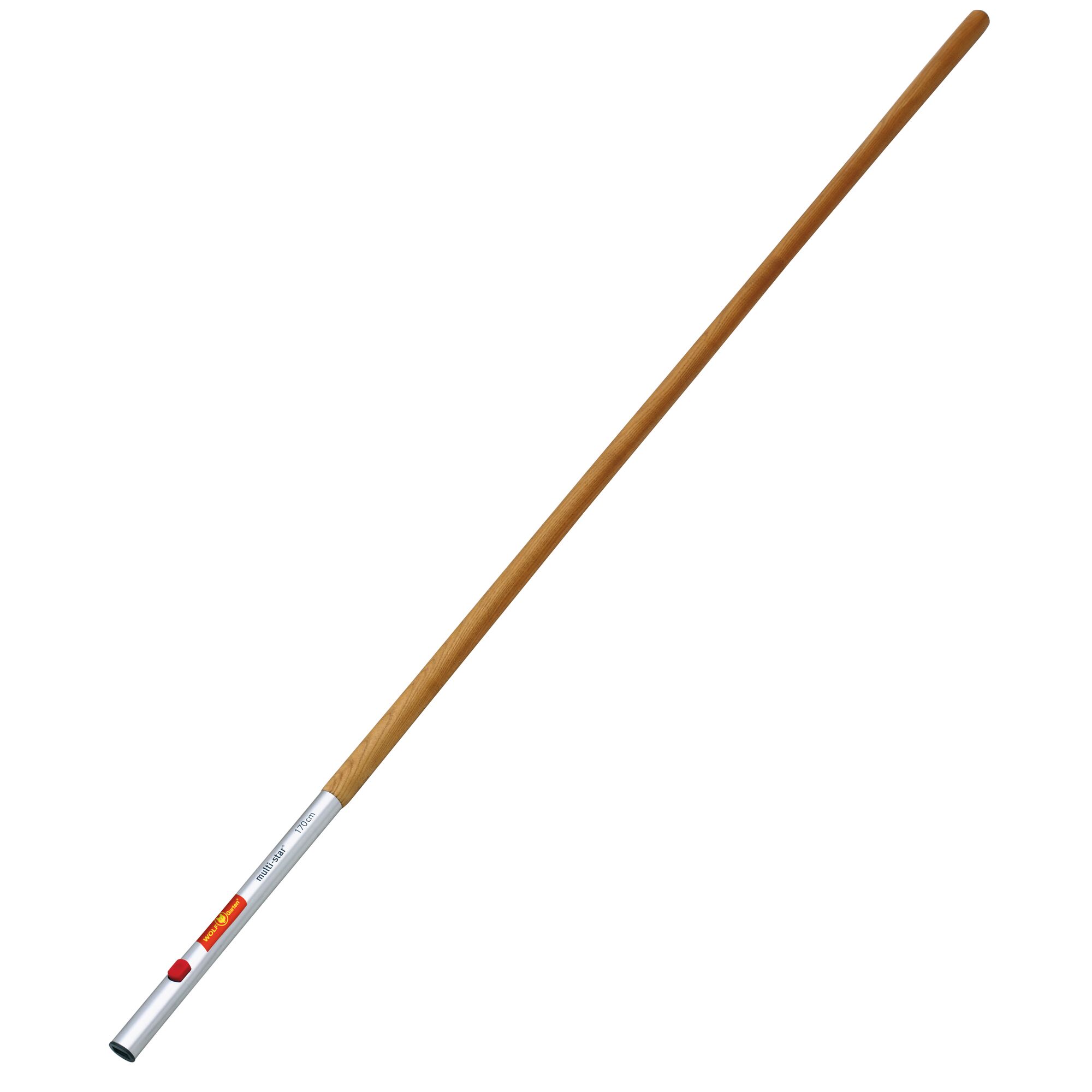 A long wooden handle with a metal end for connecting to gardening tools, branded WOLFGarten.