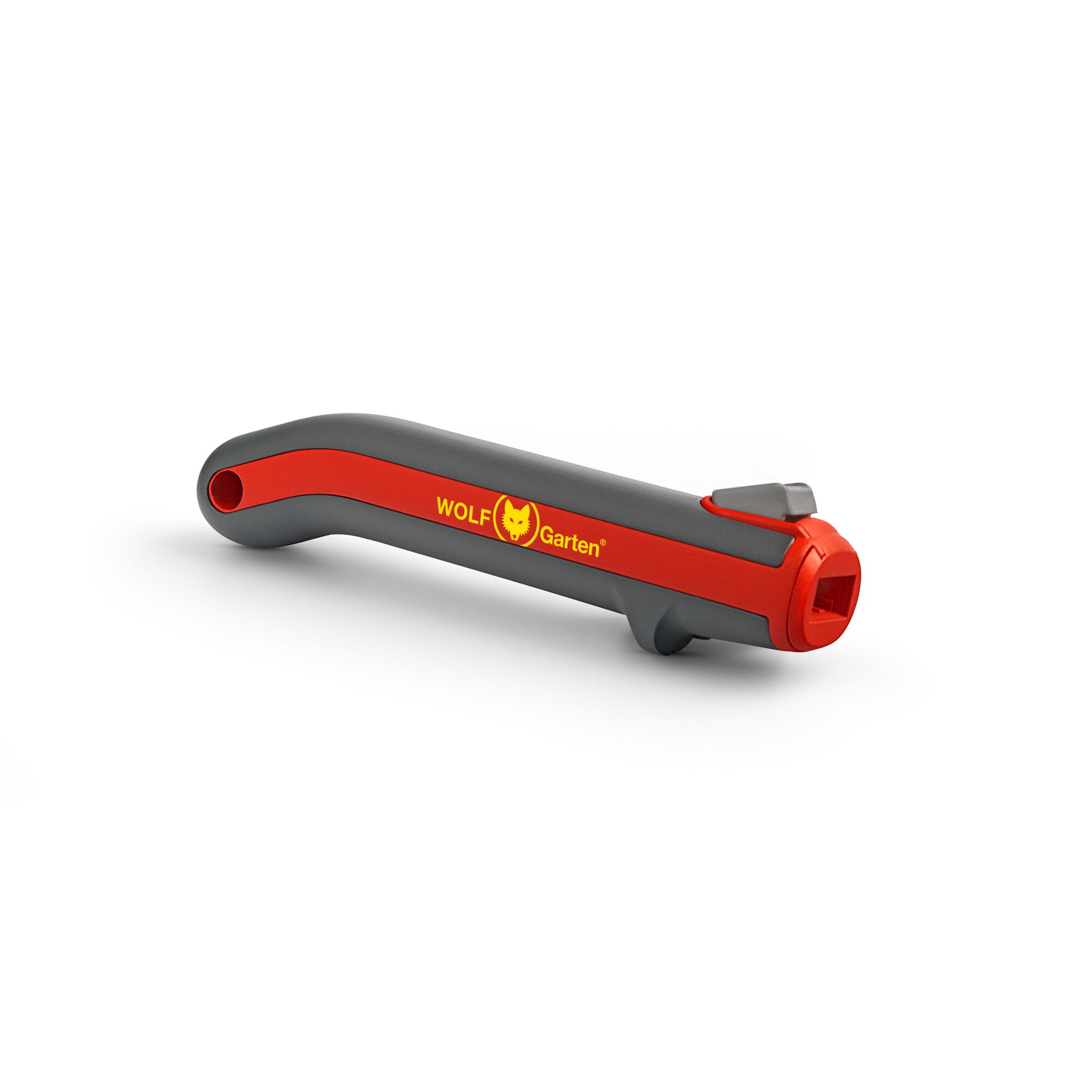 A WOLF-Garten branded gardening tool attachment handle, featuring a grey body with red accents and the logo printed on the side. The handle is designed for connecting to compatible garden tool heads.