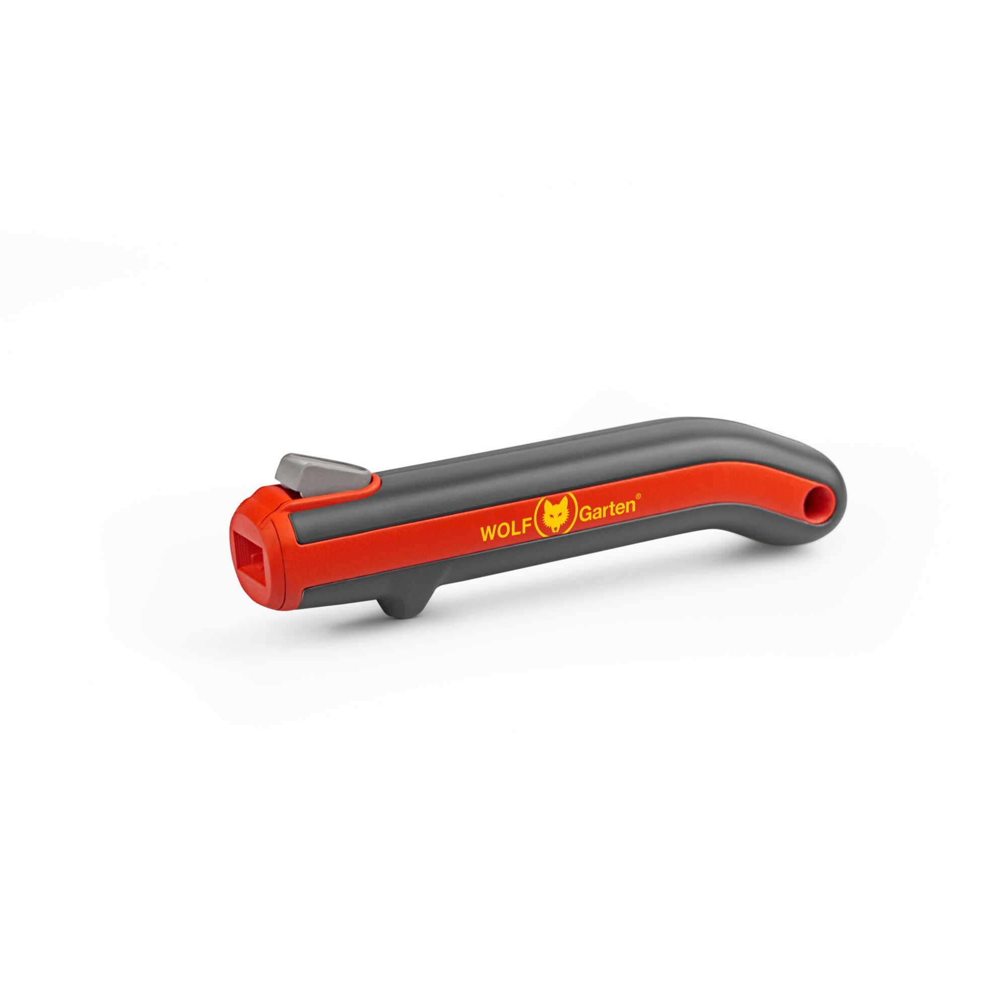 A WOLF Garten branded grey and red garden tool with an ergonomic handle, designed for outdoor use, photographed on a white background.