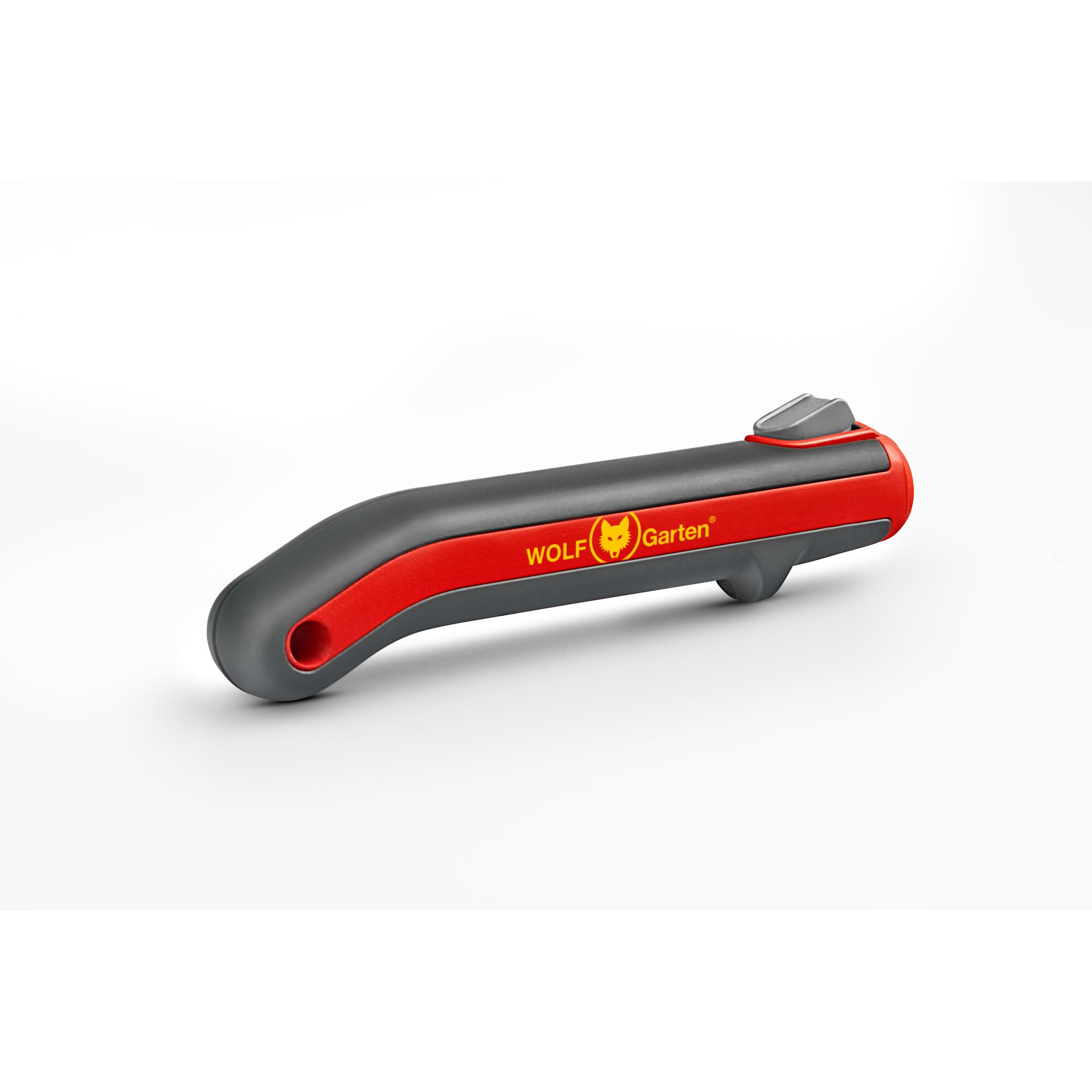 A WOLF-Garten branded lightweight gray and red handle, designed for gardening tools, shown against a white background.