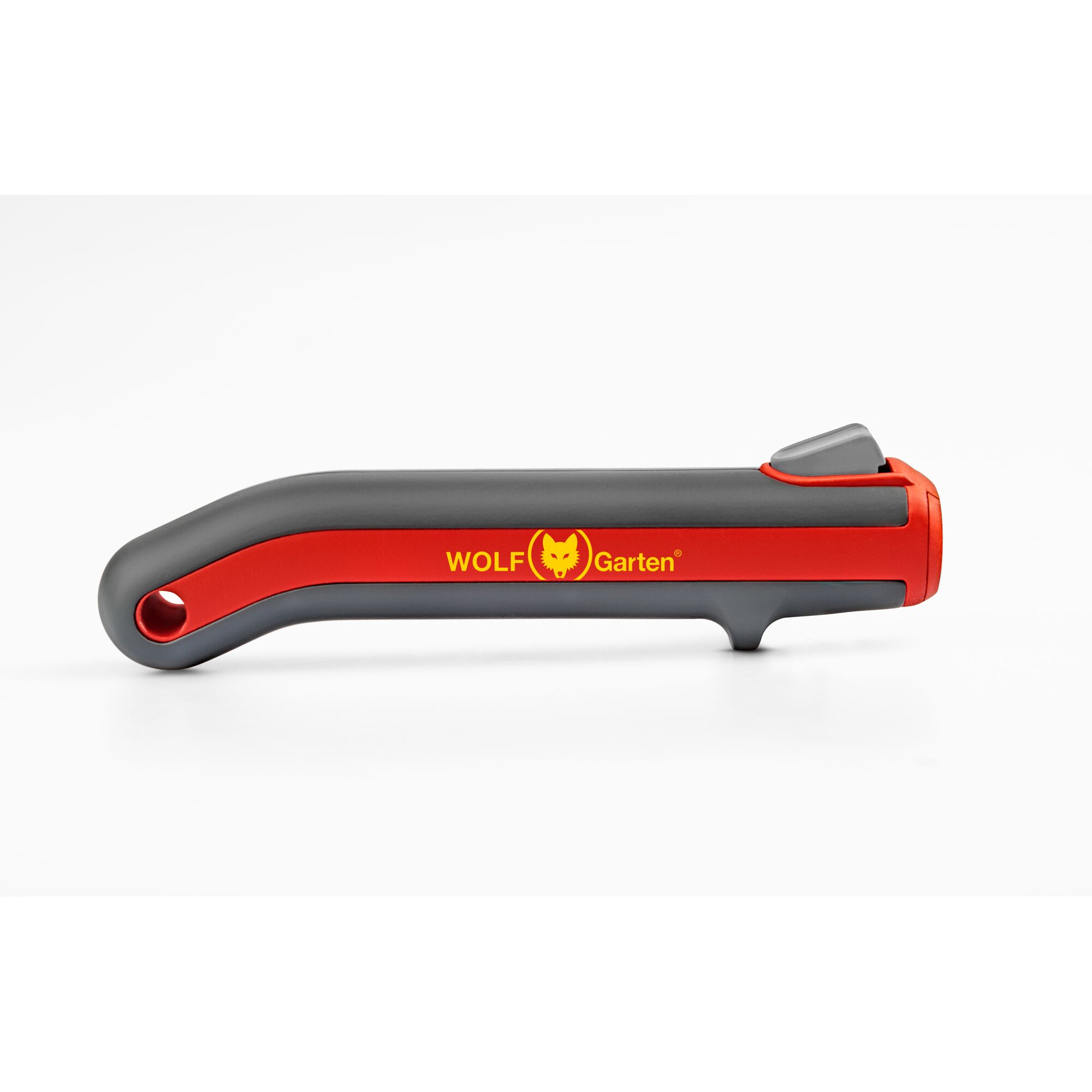 A WOLFGarten branded tool with a grey and red design, featuring a yellow logo and text. The object appears to be an ergonomic hand tool, photographed on a white background.