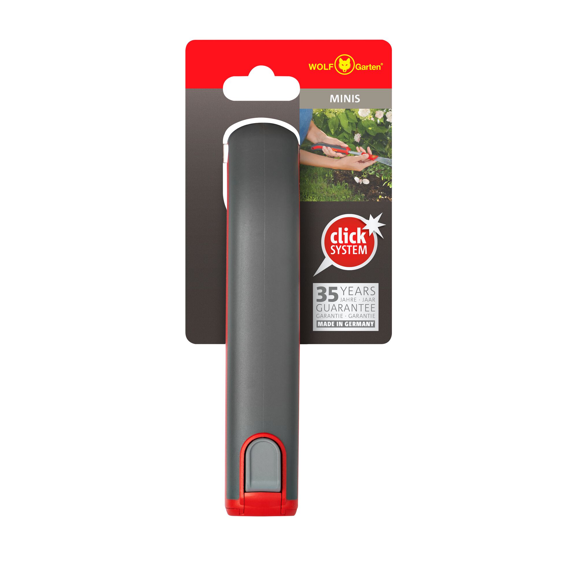 WOLF-Garten MINIS garden tool handle in packaging, featuring click system logo, 35 years guarantee, and 'Made in Germany' text. The handle is grey and red and designed for use with interchangeable garden tool heads.