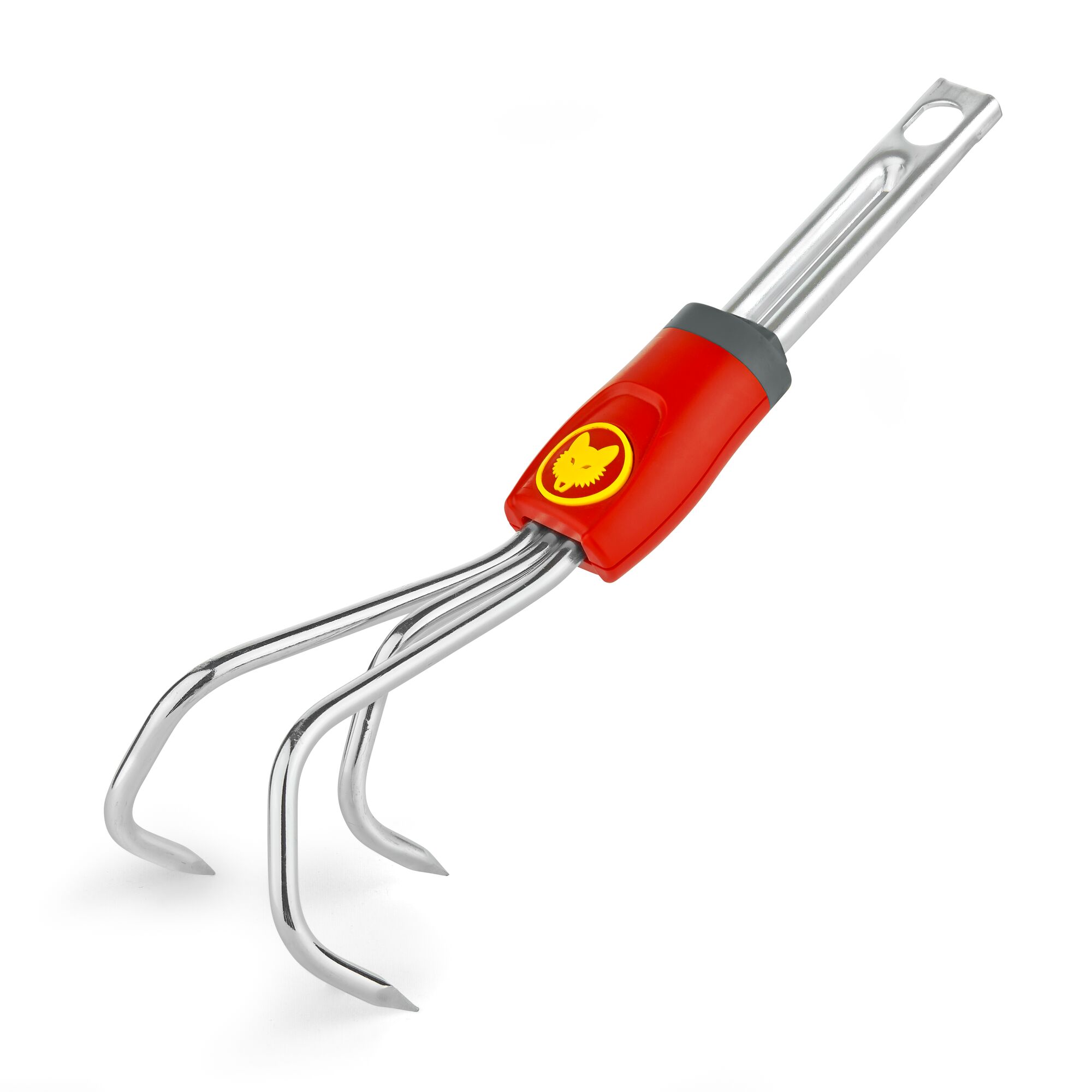 A WOLFGarten garden cultivator tool with three metal prongs and a red handle attachment, designed for soil loosening and aeration.