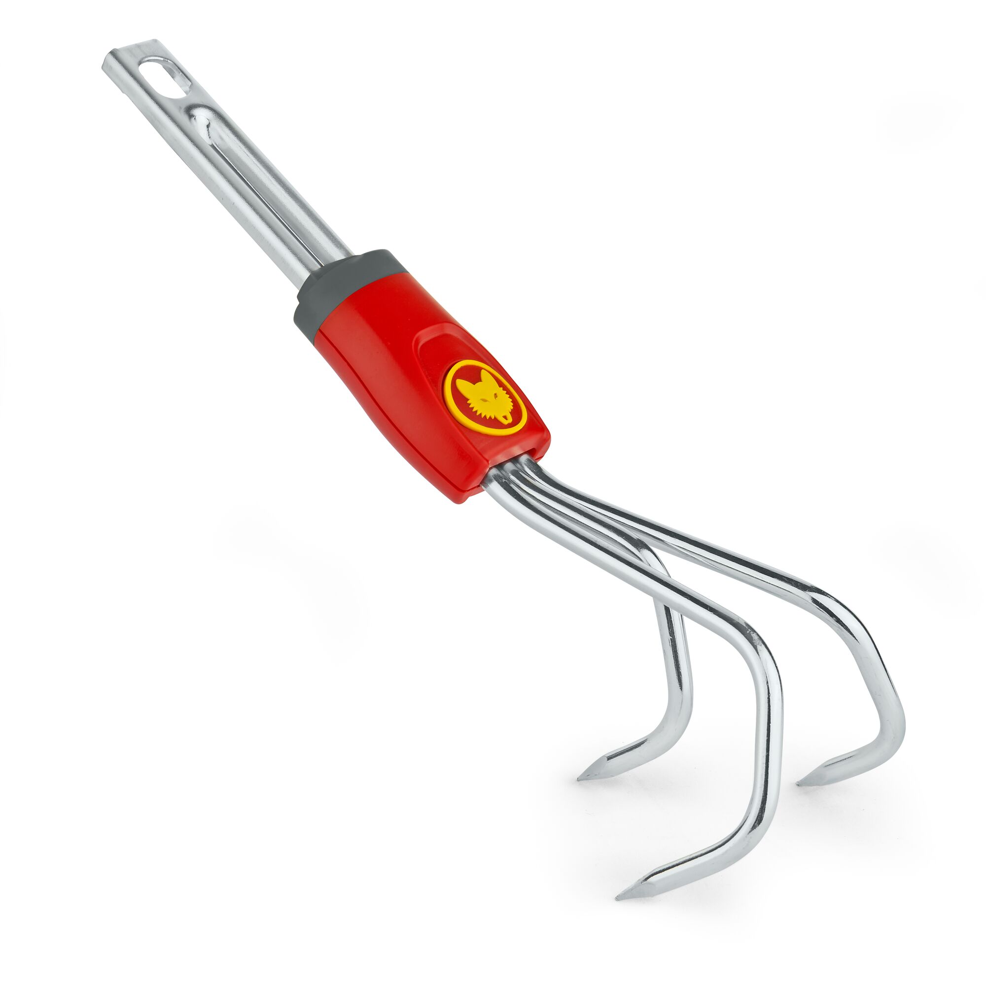 A metal garden cultivator with three curved tines and a red and yellow handle, designed for loosening soil.