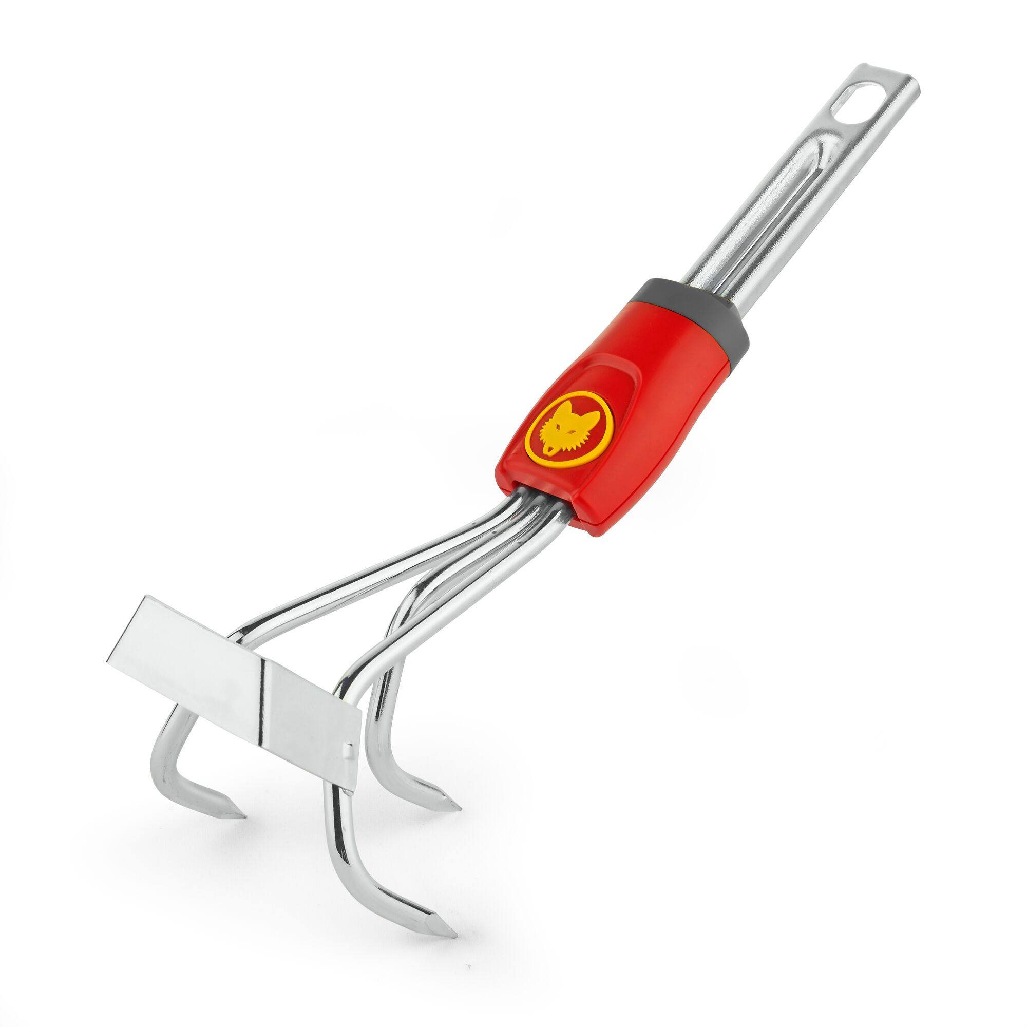 A gardening hand cultivator with three metal prongs and a red handle featuring a yellow wolf head logo.