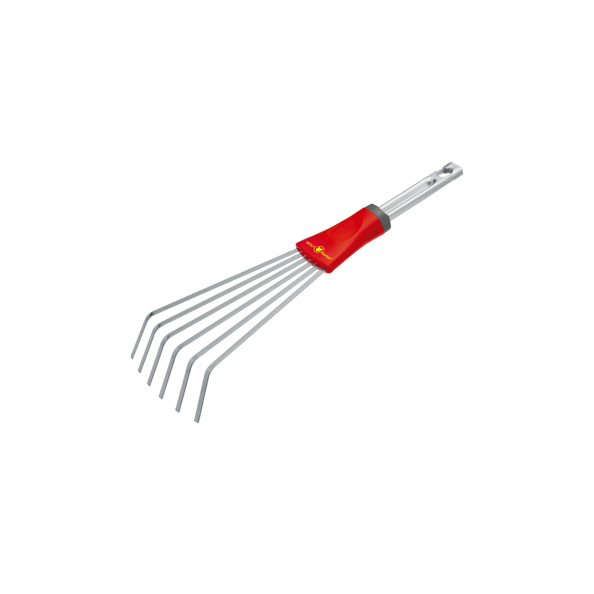 A metal garden rake attachment with six curved tines and a red connector, designed for use with interchangeable handles.