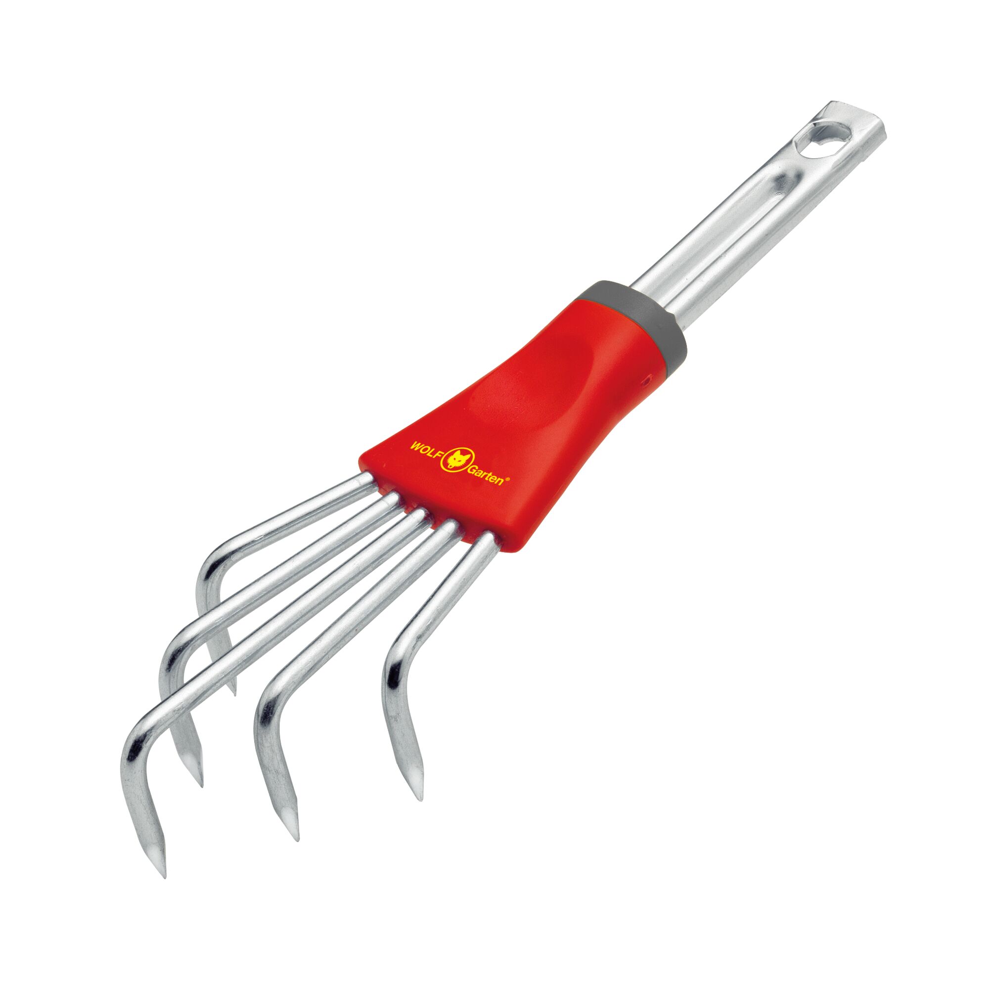 A WOLF-Garten gardening hand rake with five metal tines, a red and silver grip, and a hole at the end for hanging.