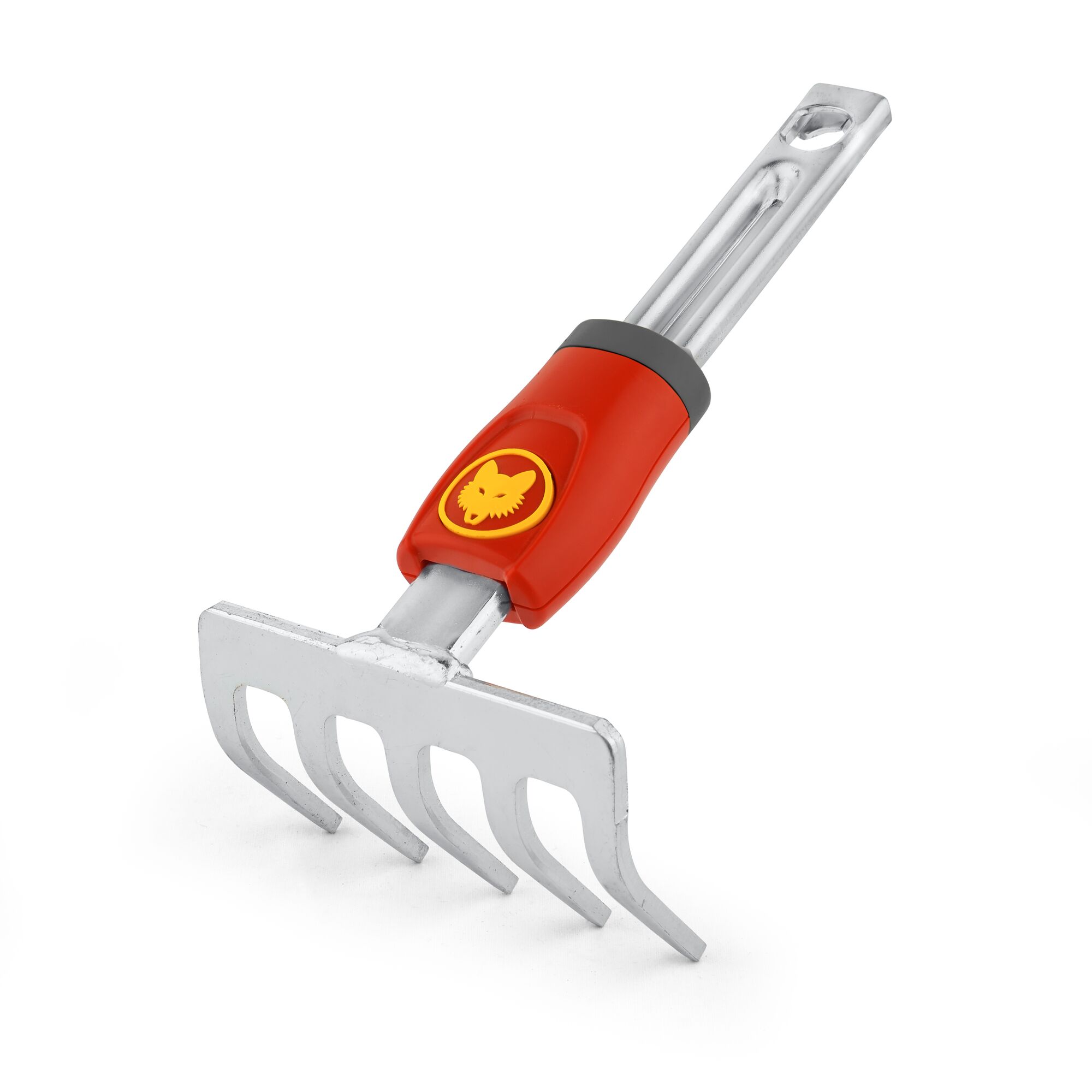 A WOLF-Garten gardening hand rake with a red and grey handle, featuring four metal prongs and the WOLF-Garten logo on the handle.