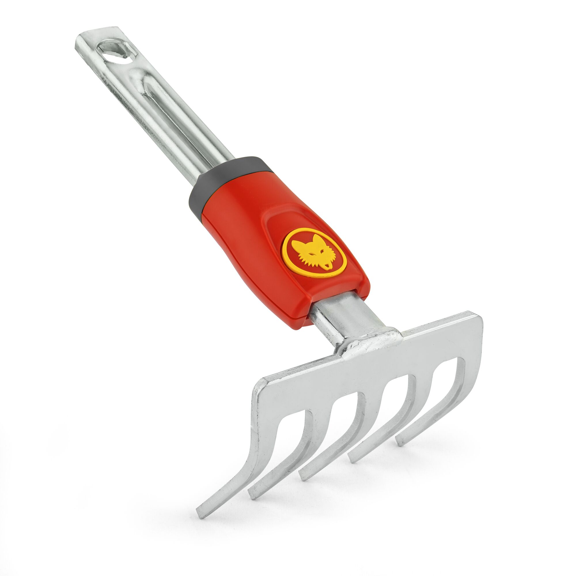 A metal garden hand rake with a red and yellow handle featuring the WOLF-Garten logo. The rake has four tines and a compact design for gardening.