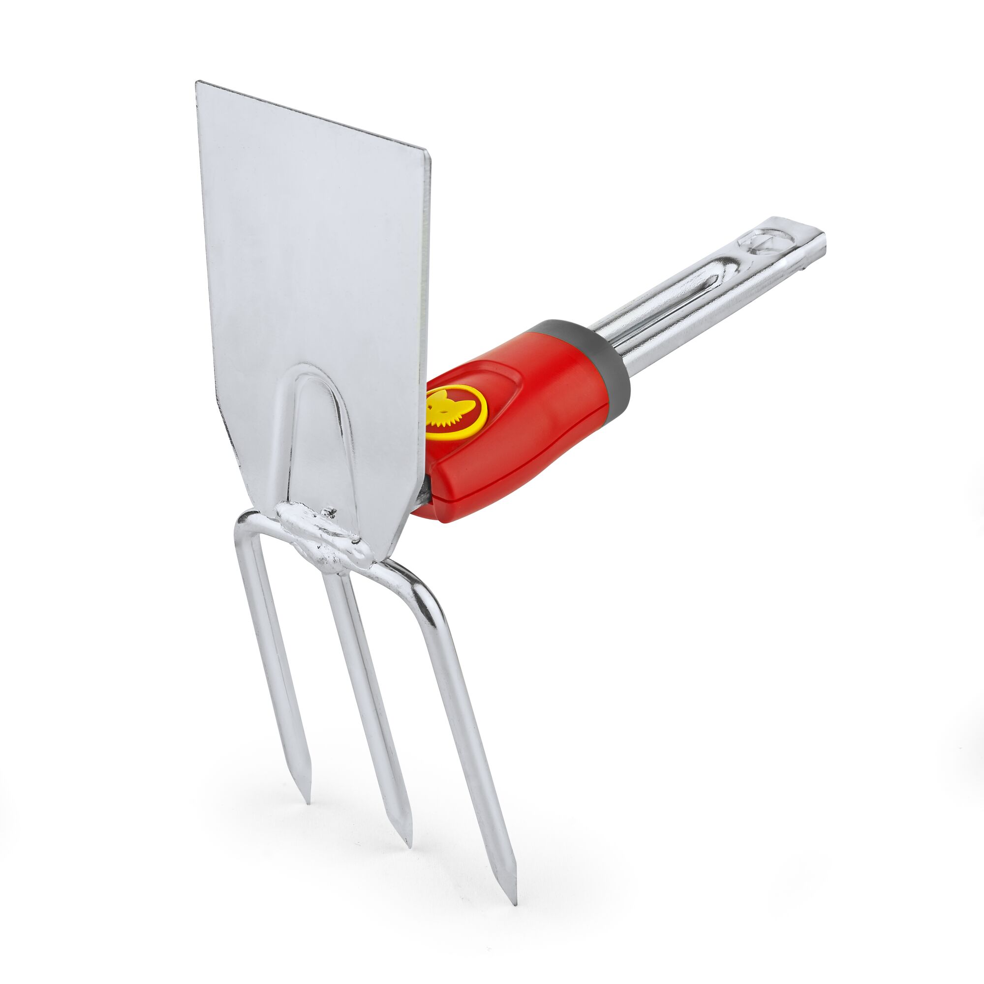 A metal garden tool with a red and yellow handle, featuring three pointed prongs and a flat rectangular blade.
