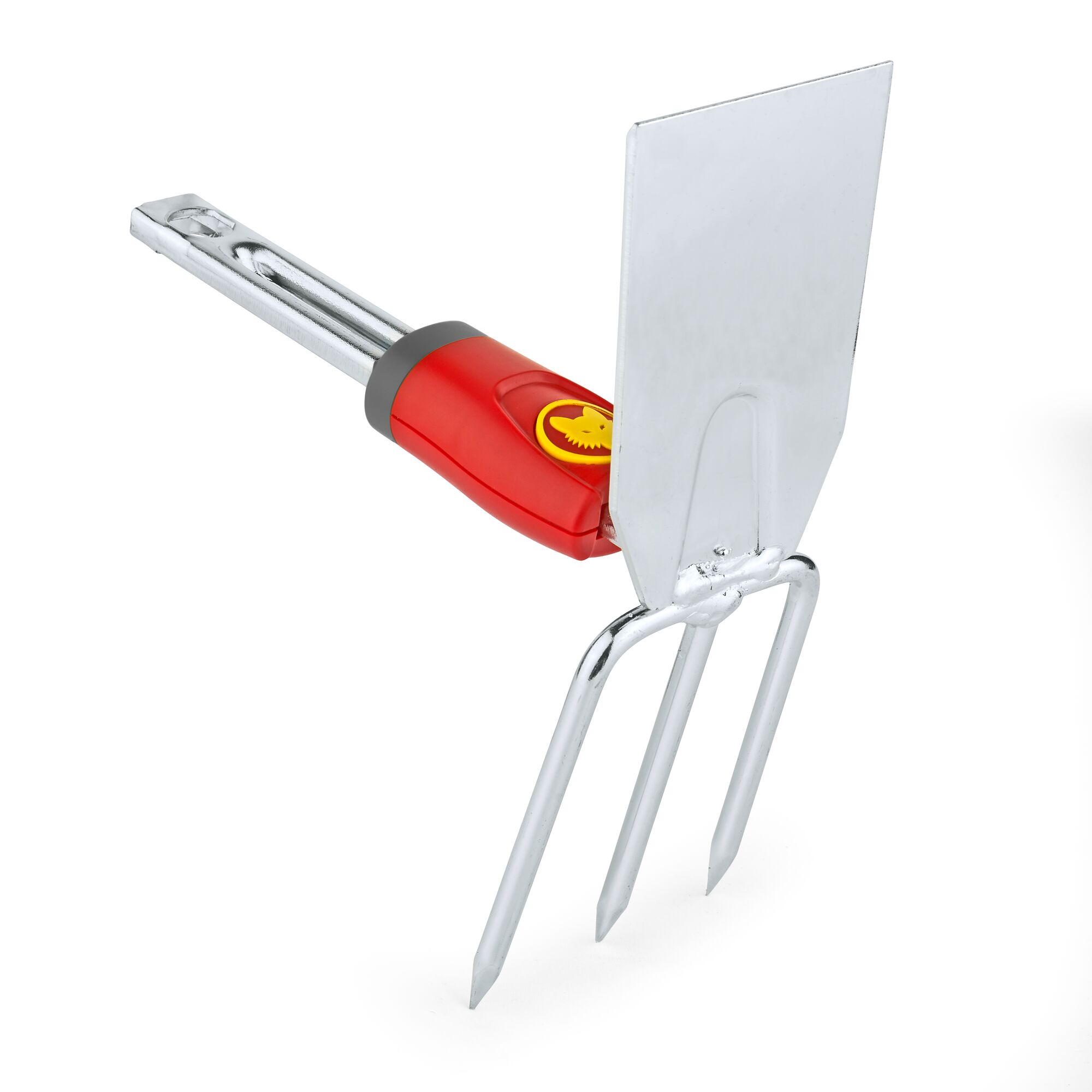 A gardening tool with a red handle and three metal prongs, featuring a flat metal blade attached above the prongs.