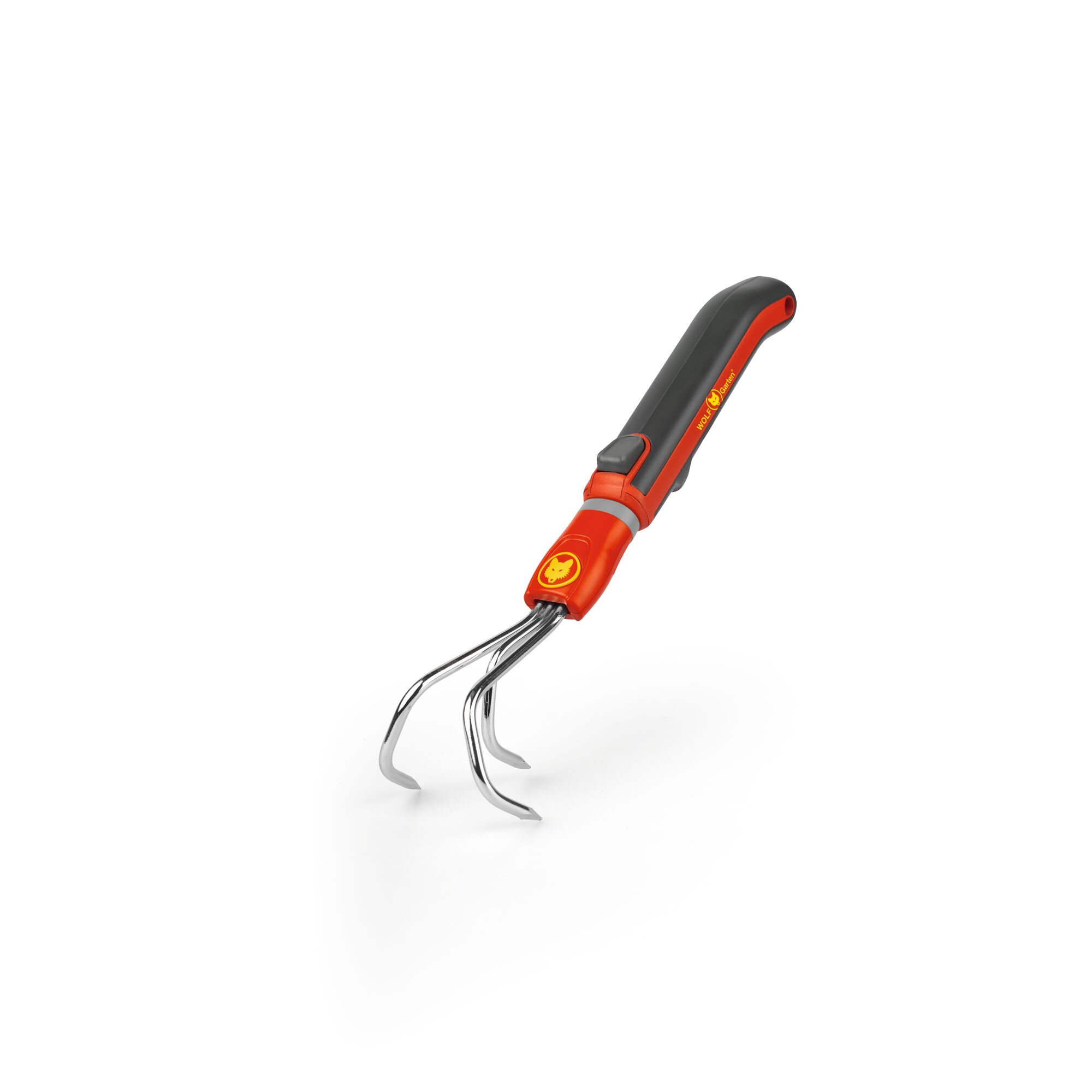 A WOLFGarten gardening hand cultivator with three metal prongs and a red and black ergonomic handle, displayed on a white background.