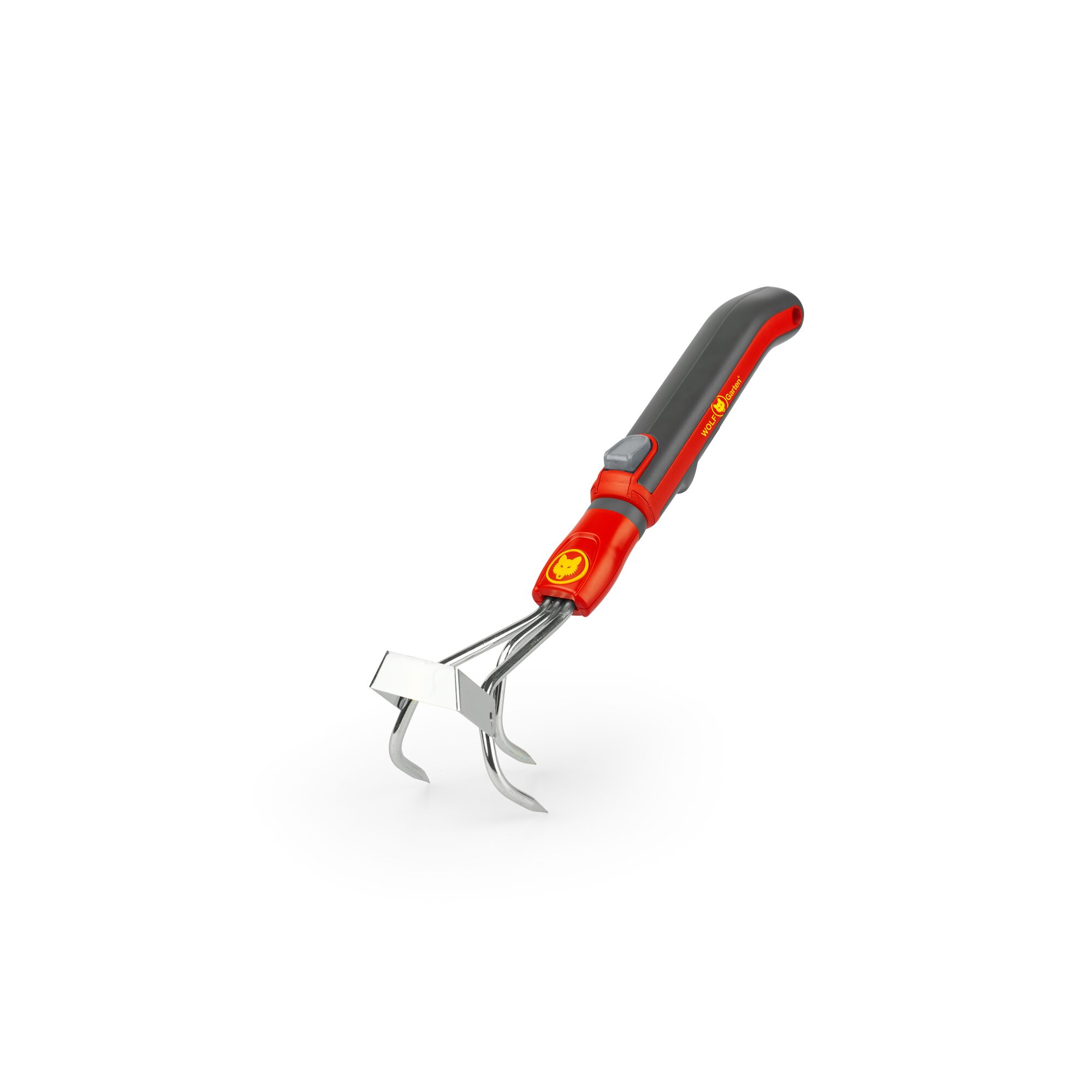 A hand garden tool with a black and red handle and a metal head featuring three prongs and a flat blade, designed for soil cultivation and weeding.