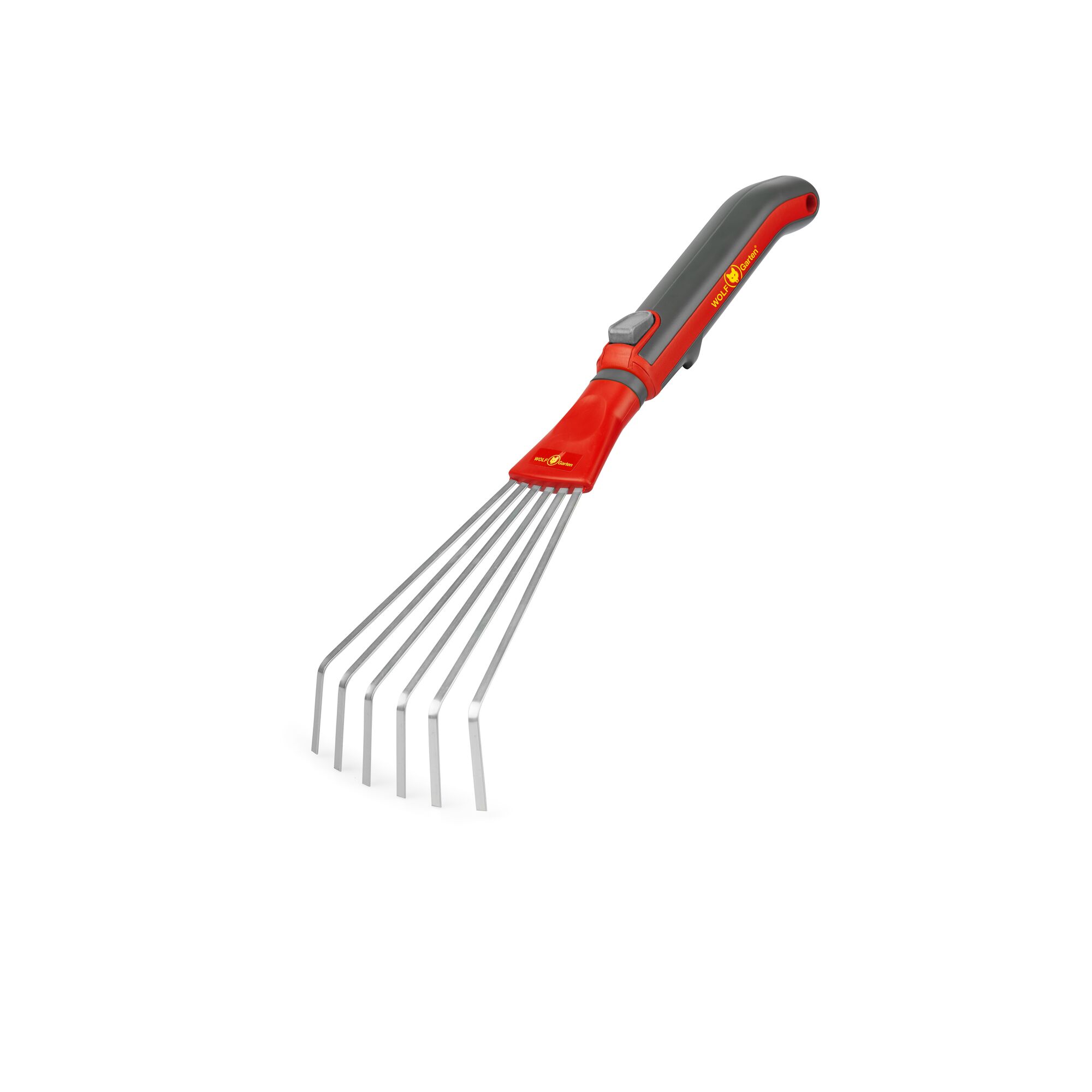 A WOLF-Garten gardening hand rake with a red and grey handle and six metal tines, shown on a white background.
