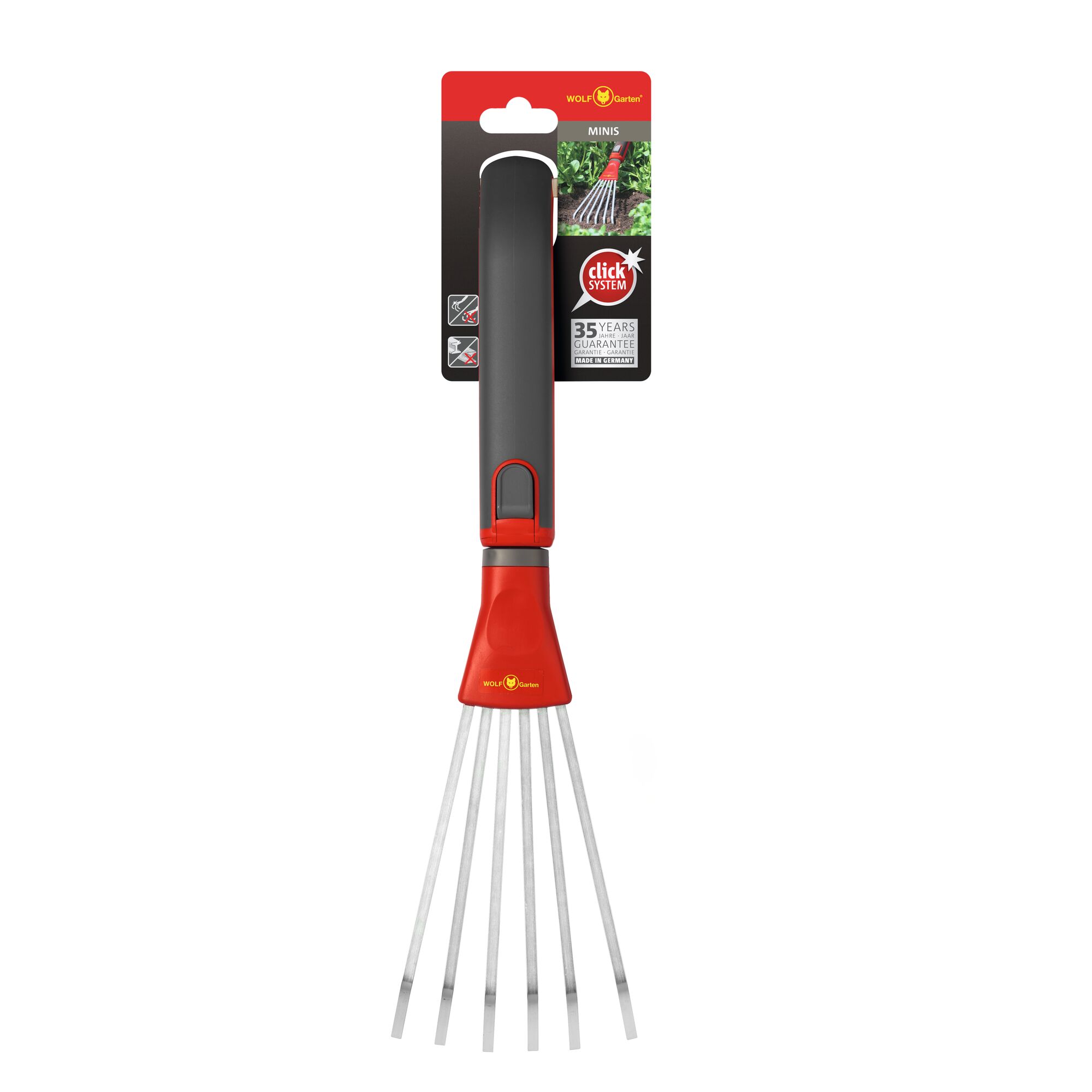 WOLFGarten mini hand rake with red and grey handle, featuring six metal tines, shown with packaging indicating click system and a 35-year guarantee.