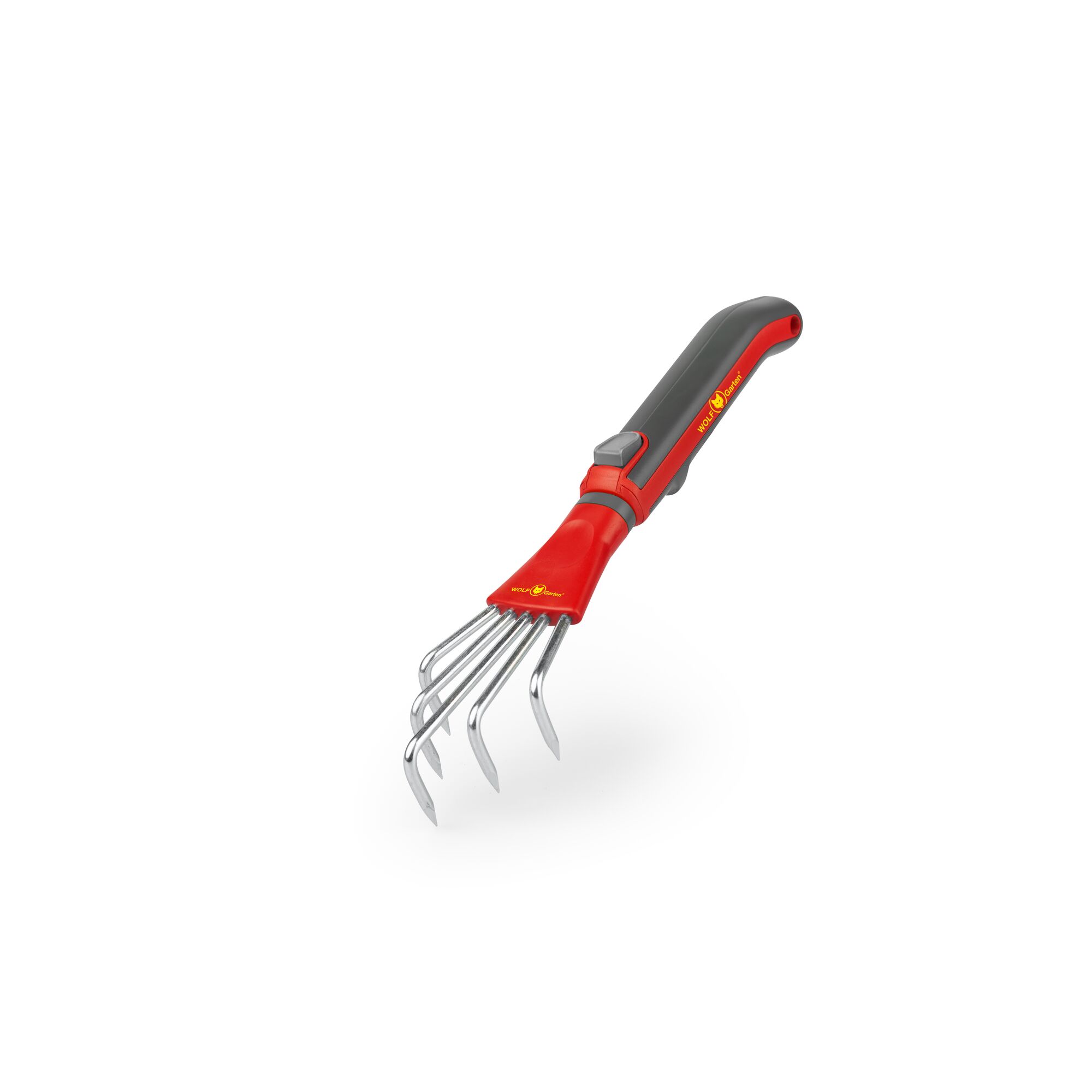 A five-pronged hand garden cultivator with a red and grey handle, designed for soil loosening and aeration.