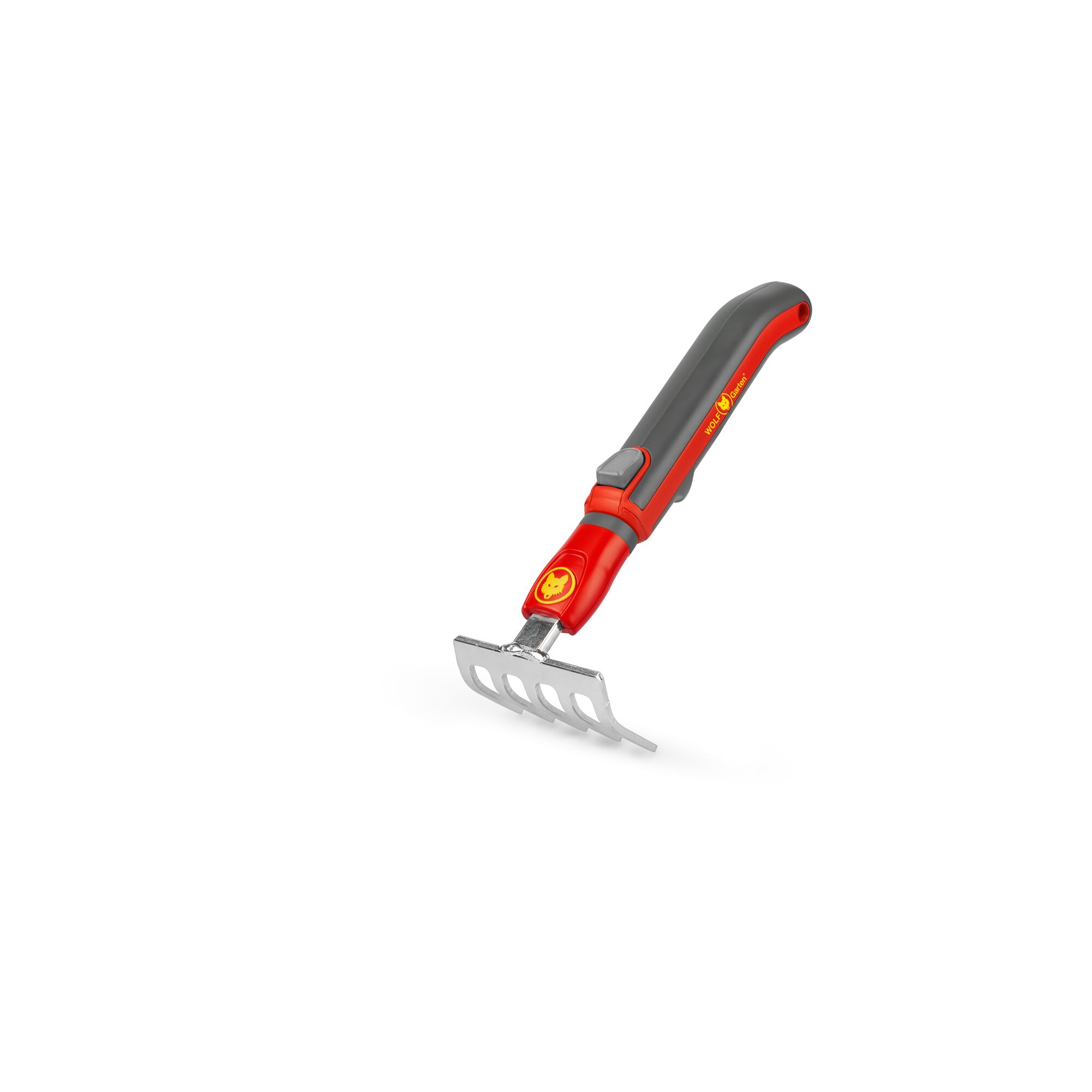 A compact hand rake with a grey and red handle, featuring a metal head with five tines, suitable for gardening, photographed on a white background.