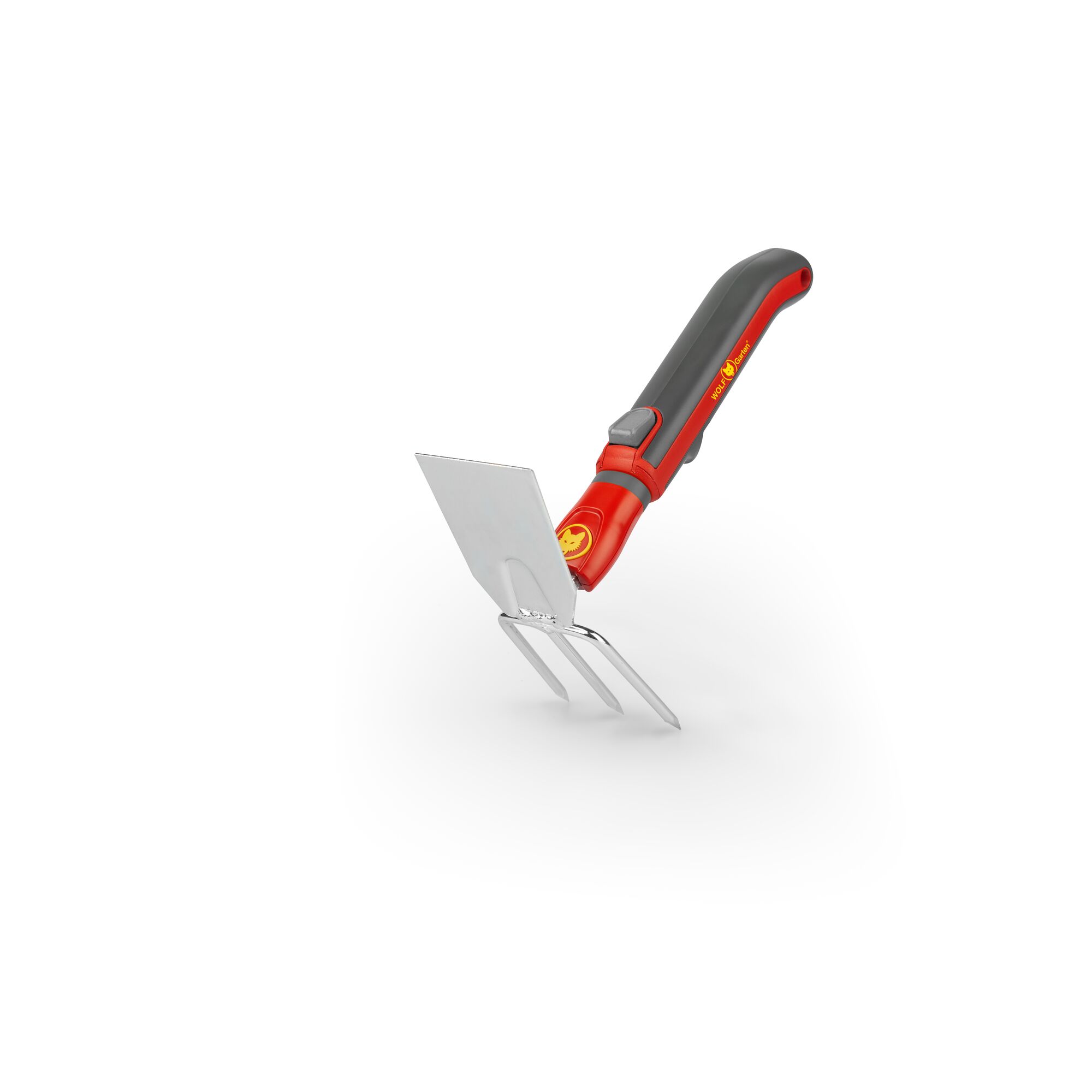 A gardening hand tool with a red and grey handle and a metal blade and prongs, used for digging and loosening soil.