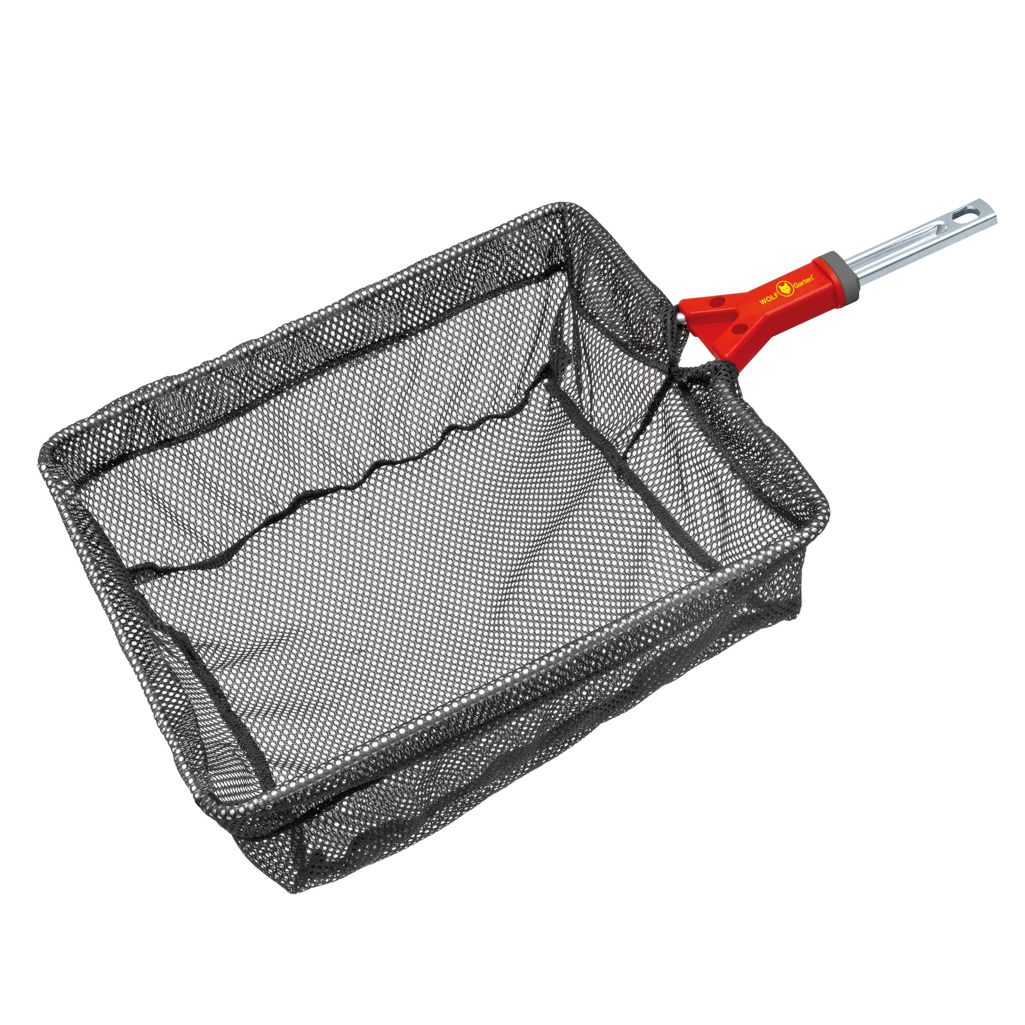 Rectangular mesh garden basket with a metal connector and a red handle, suitable for collecting leaves or debris.