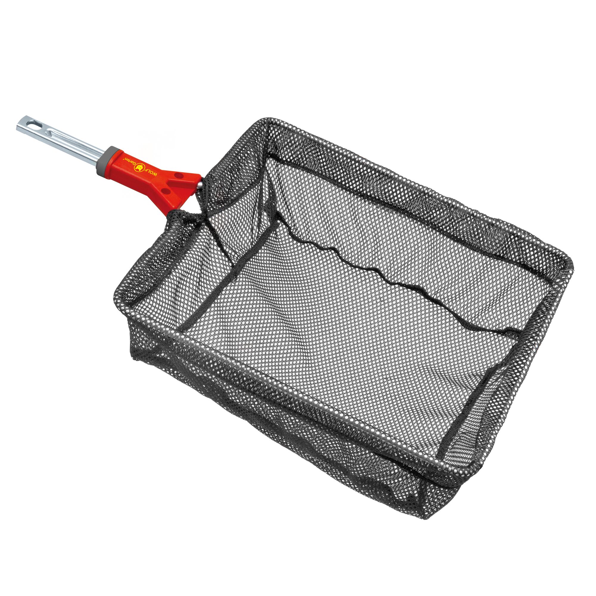 Rectangular mesh basket with a red and silver handle attachment, designed for garden use by WOLFGarten.