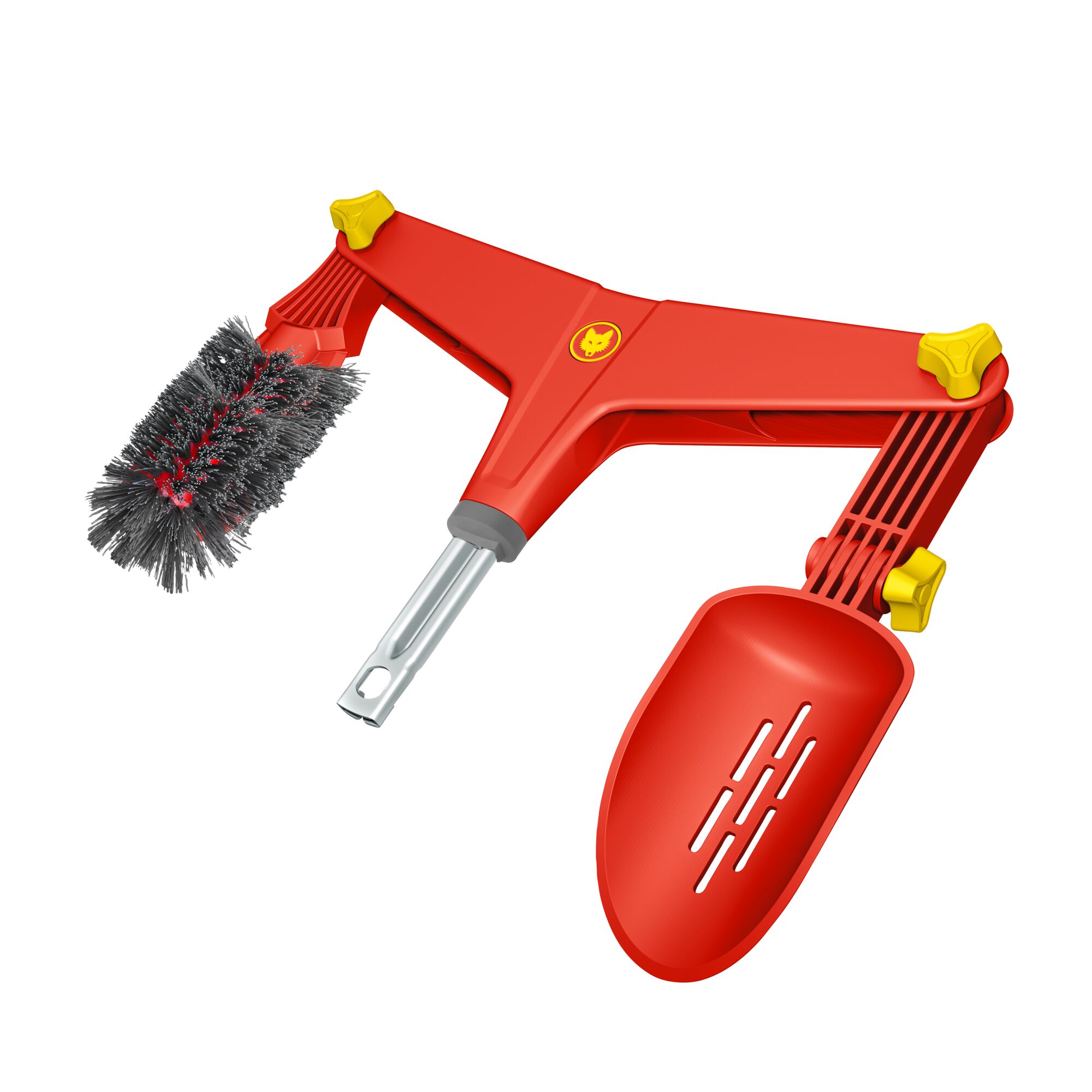 Red and yellow garden tool with a brush attachment and a scoop, designed for cleaning and collecting debris. The product has a triangular frame, metal connector, and a branded logo in the center.