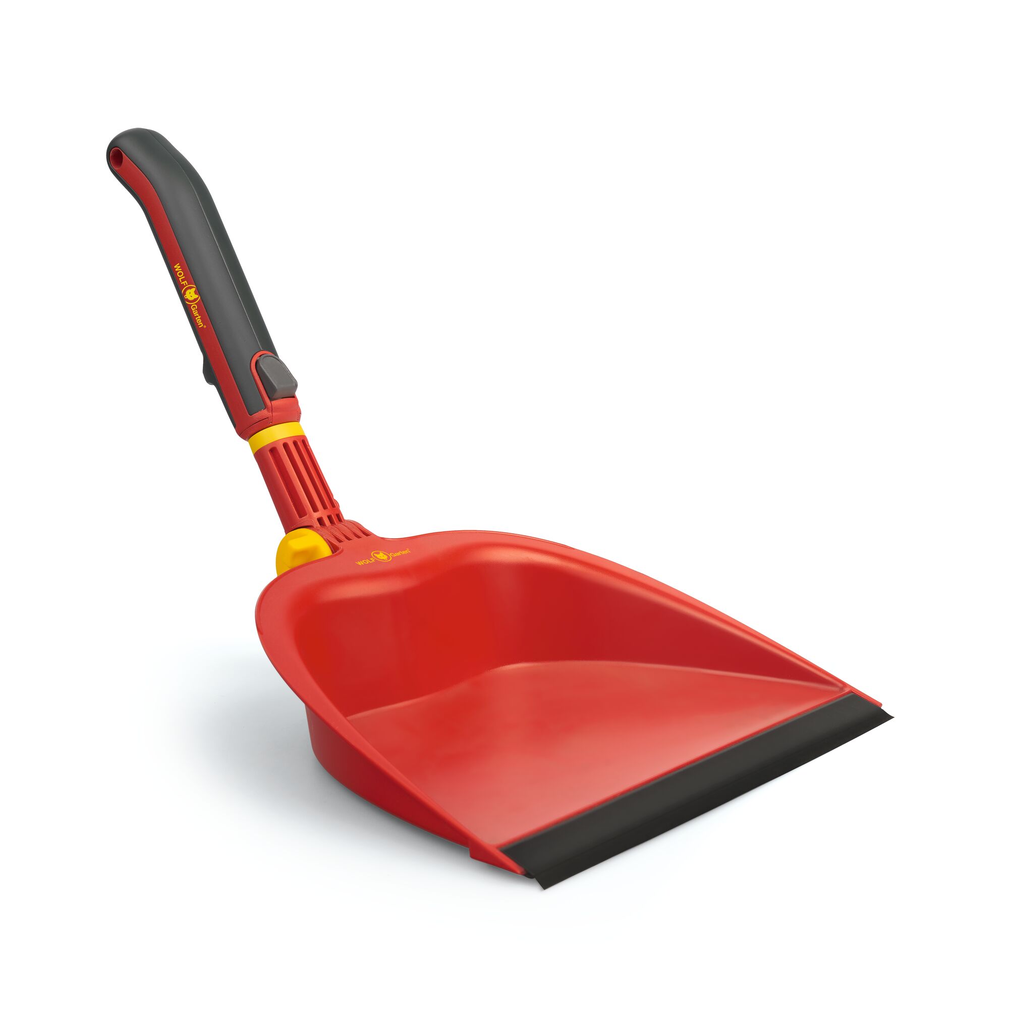 A red and black plastic dustpan with a handle, featuring the WOLFGarten logo. The dustpan has a rubber edge for effective cleaning.