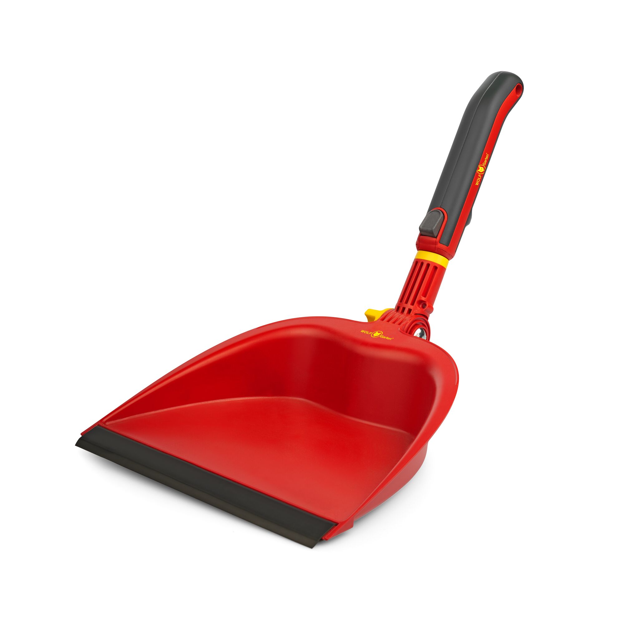 A red and black plastic dustpan with a handle, featuring the WOLFGarten logo. The dustpan has a wide mouth and a rubber edge for efficient sweeping.