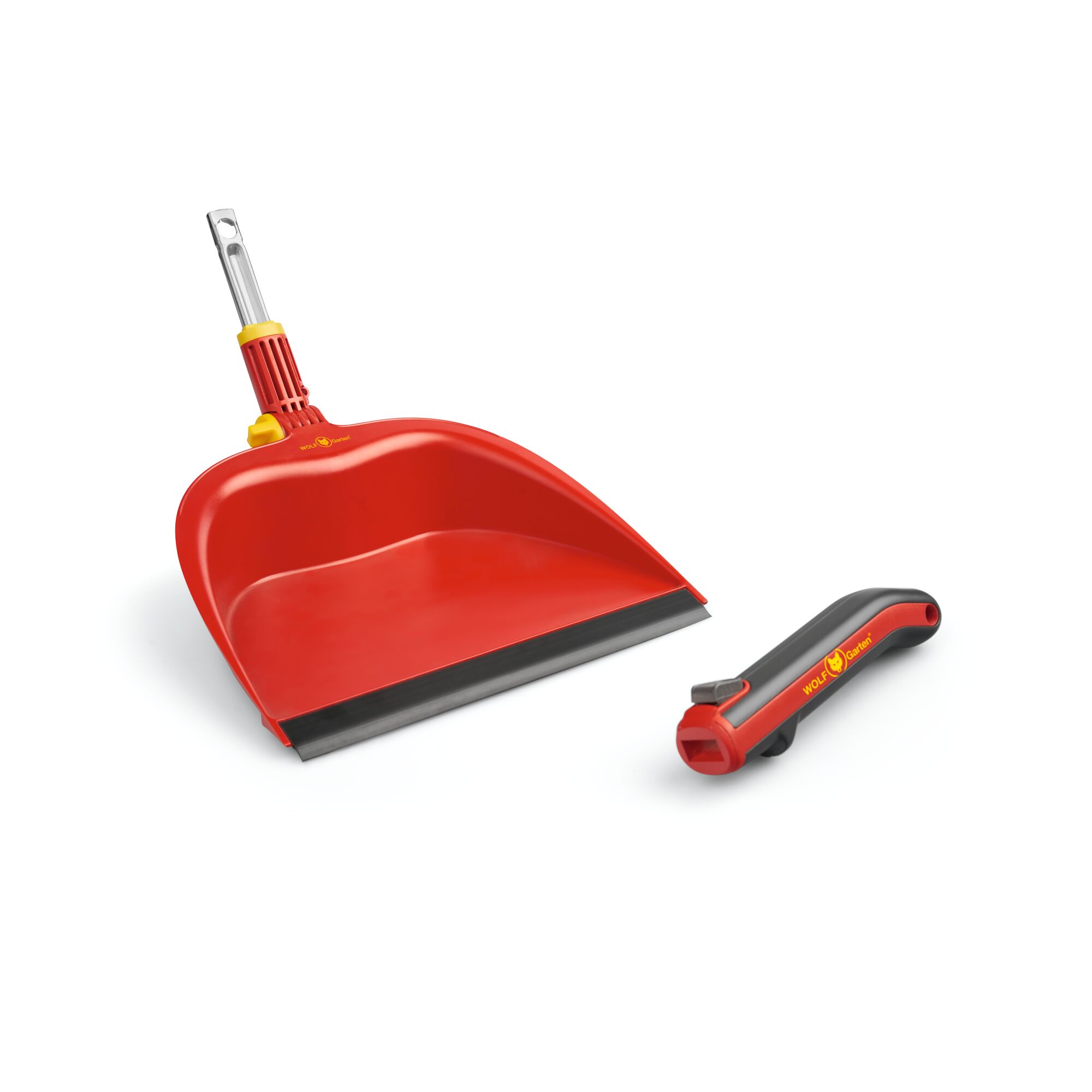 A red dustpan with a detachable handle, from the WOLFGarten brand, placed on a white background.