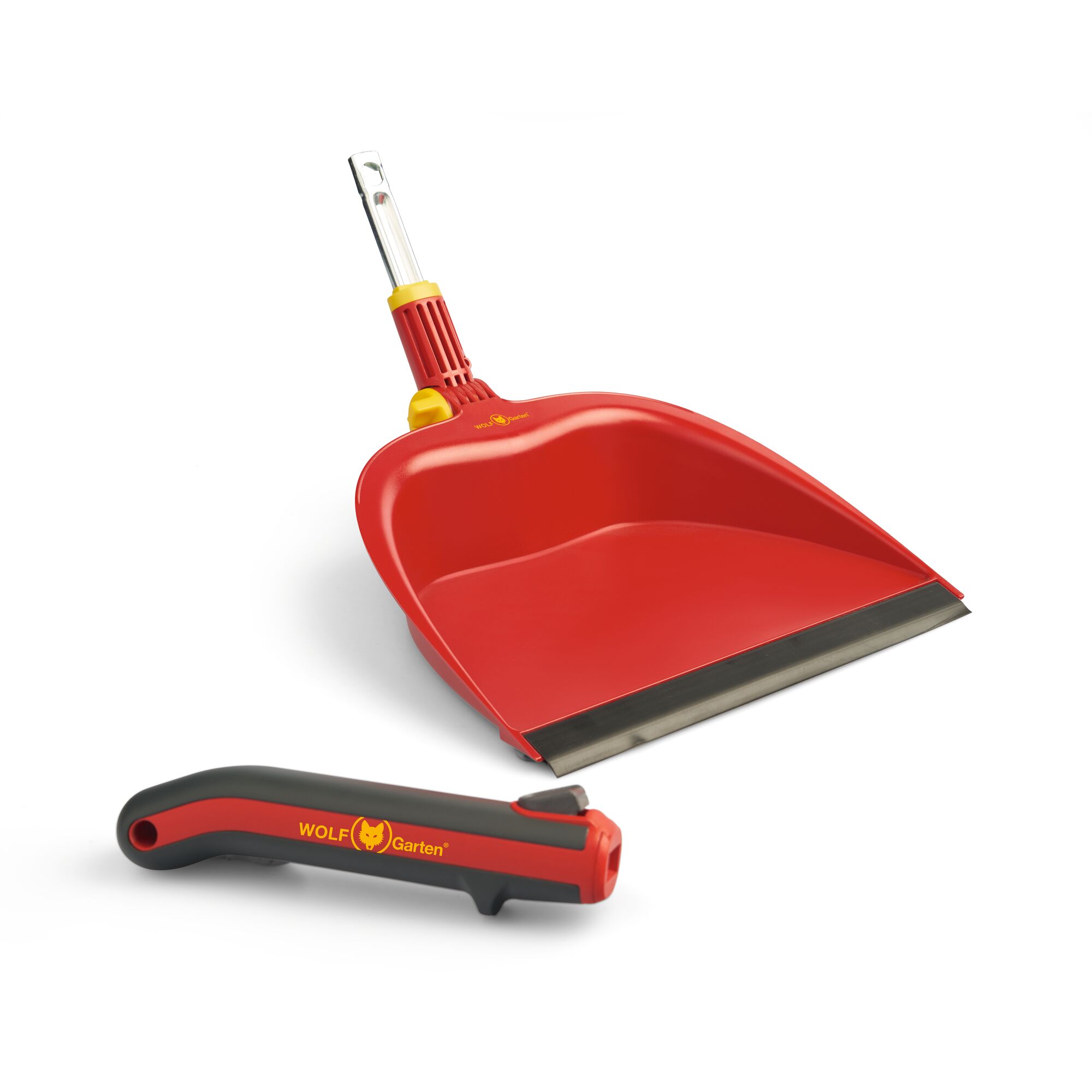 A red and yellow WOLF Garten dustpan with a detachable black and red handle, placed on a white background.