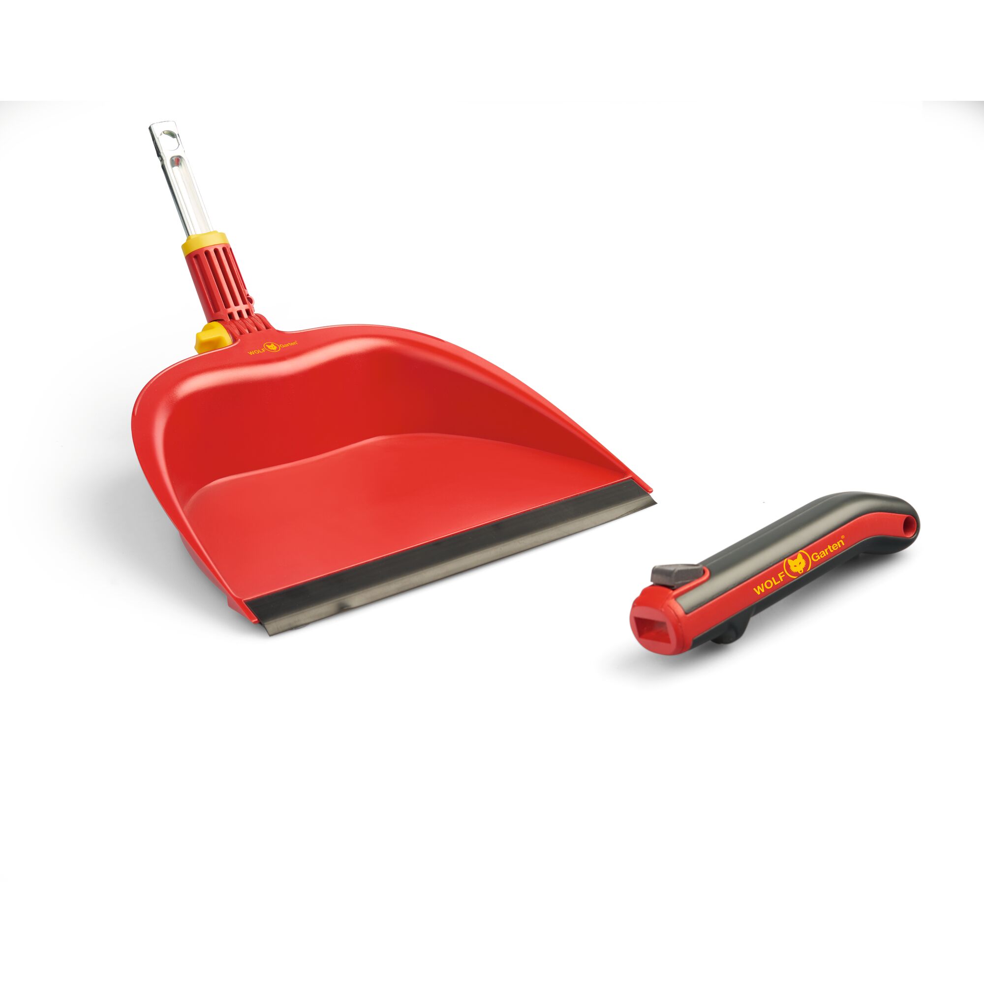 A red WOLFGarten dustpan with a detachable black and red handle, placed on a white background.