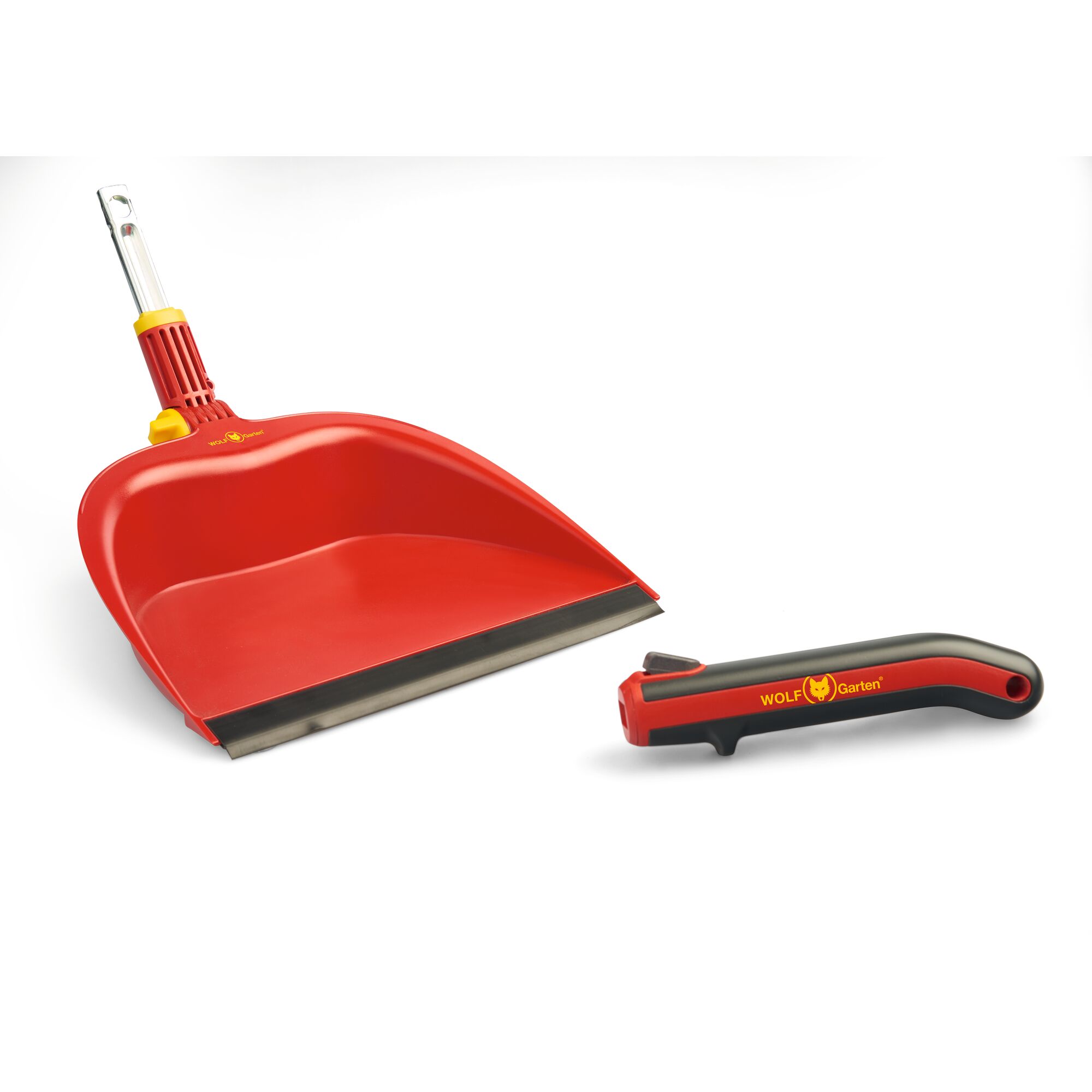 A red WOLFGarten dustpan with a detachable black and red handle, shown on a white background.